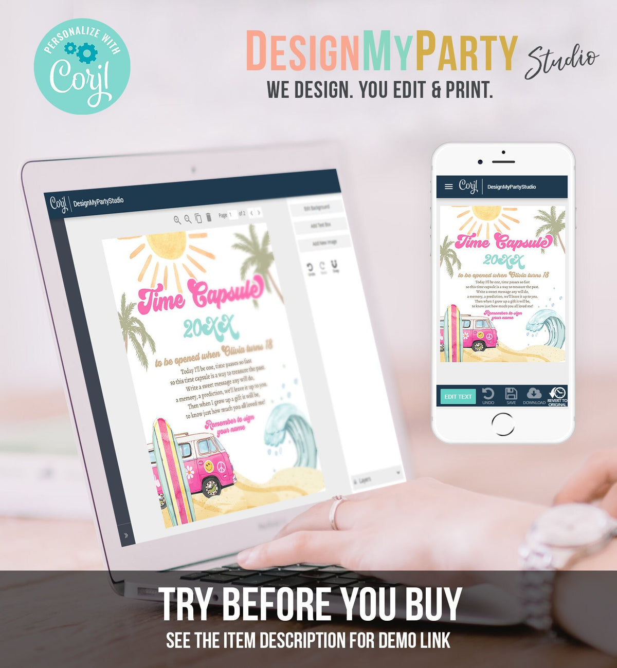 Editable Time Capsule Surf First Birthday Party Surfing Decorations The Big One Girl Pink Beach Wave Retro Template Printable Corjl 0433