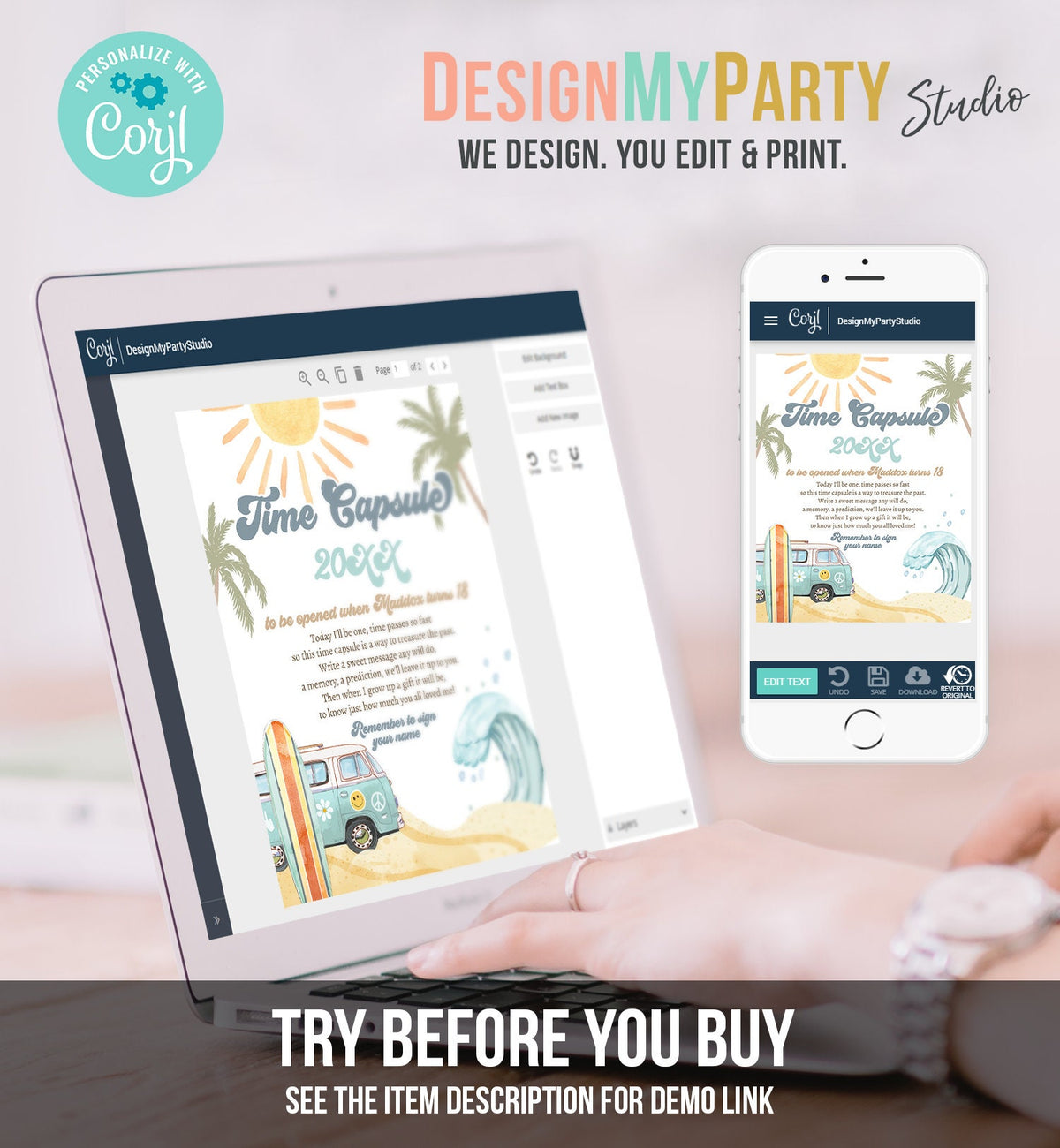 Editable Time Capsule Surf First Birthday Party Surfing Decorations The Big One Boy 1st Beach Wave Retro Template Printable Corjl 0433