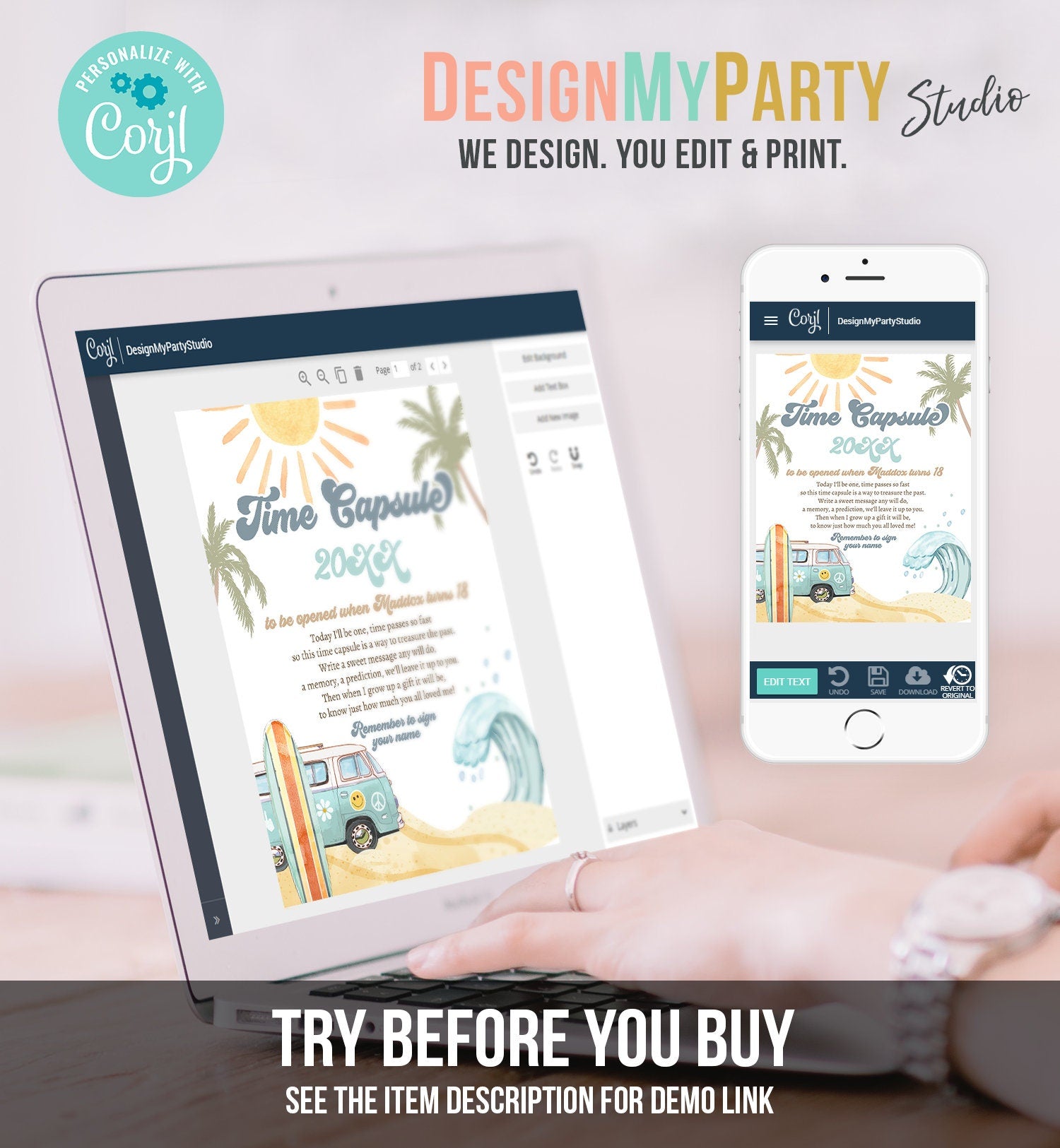 Editable Time Capsule Surf First Birthday Party Surfing Decorations The Big One Boy 1st Beach Wave Retro Template Printable Corjl 0433