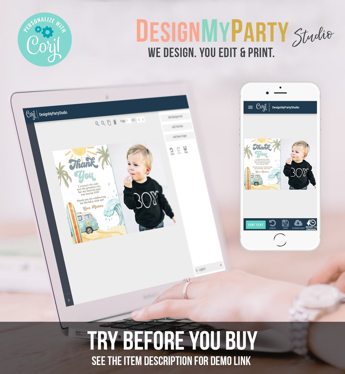 Editable Surf Thank You Card Surfboard 1st Birthday Thank Your Note Retro Boy Beach Party Wave Surfer Download Template Corjl Digital 0433