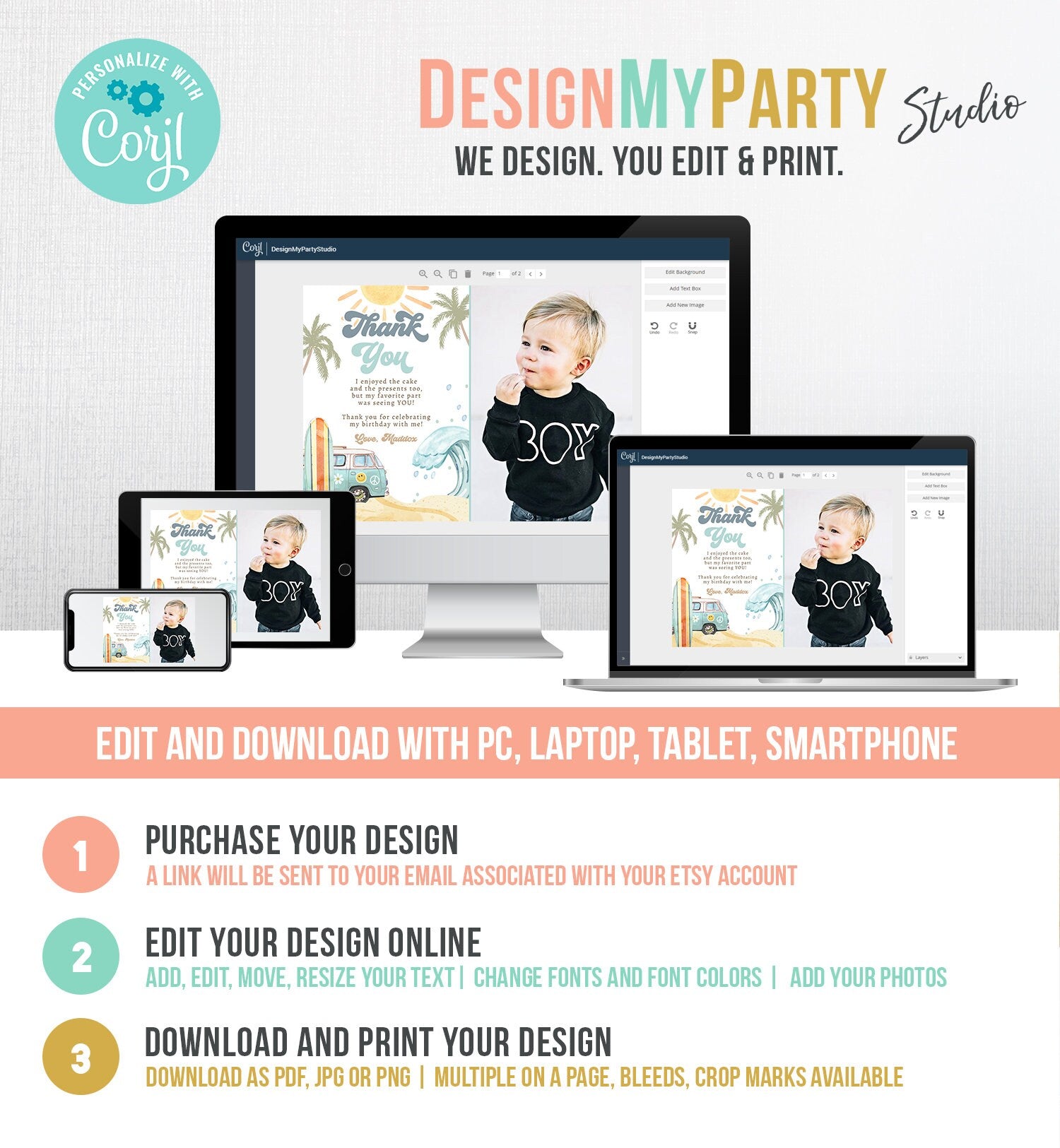 Editable Surf Thank You Card Surfboard 1st Birthday Thank Your Note Retro Boy Beach Party Wave Surfer Download Template Corjl Digital 0433