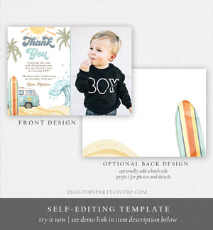 Editable Surf Thank You Card Surfboard 1st Birthday Thank Your Note Retro Boy Beach Party Wave Surfer Download Template Corjl Digital 0433