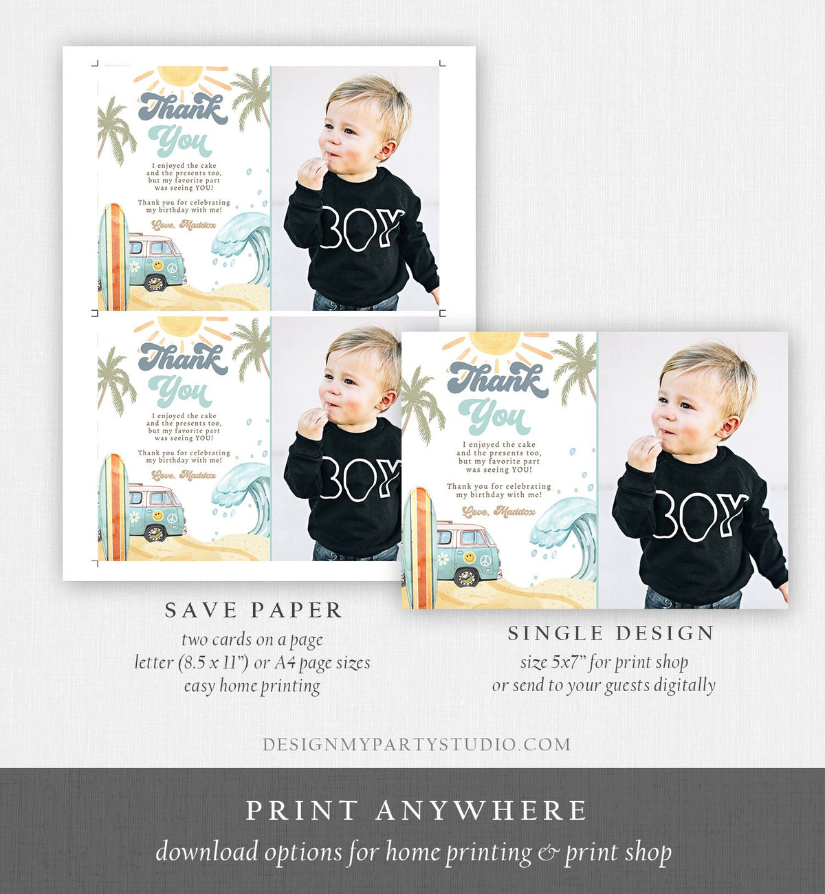 Editable Surf Thank You Card Surfboard 1st Birthday Thank Your Note Retro Boy Beach Party Wave Surfer Download Template Corjl Digital 0433