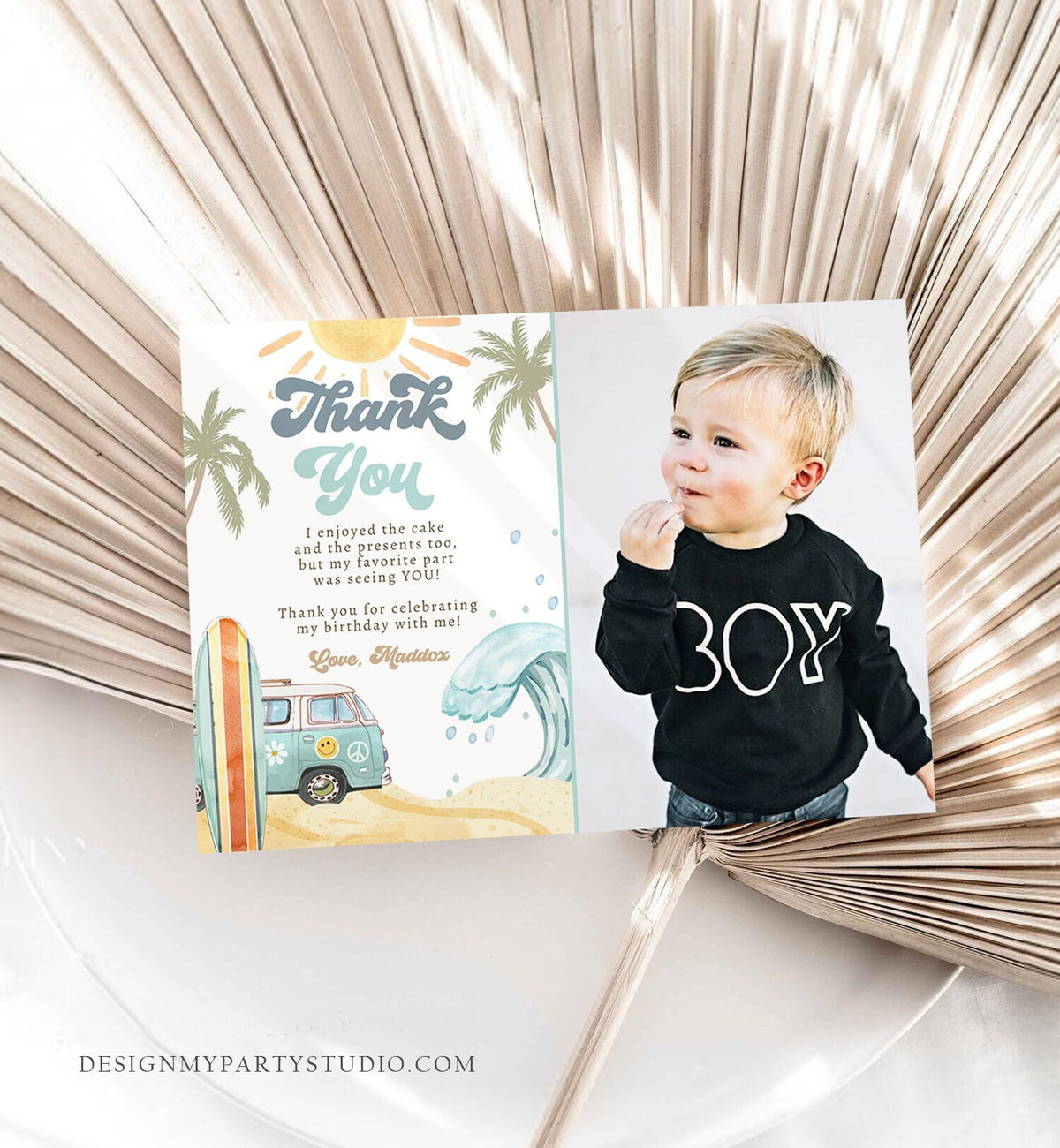 Editable Surf Thank You Card Surfboard 1st Birthday Thank Your Note Retro Boy Beach Party Wave Surfer Download Template Corjl Digital 0433
