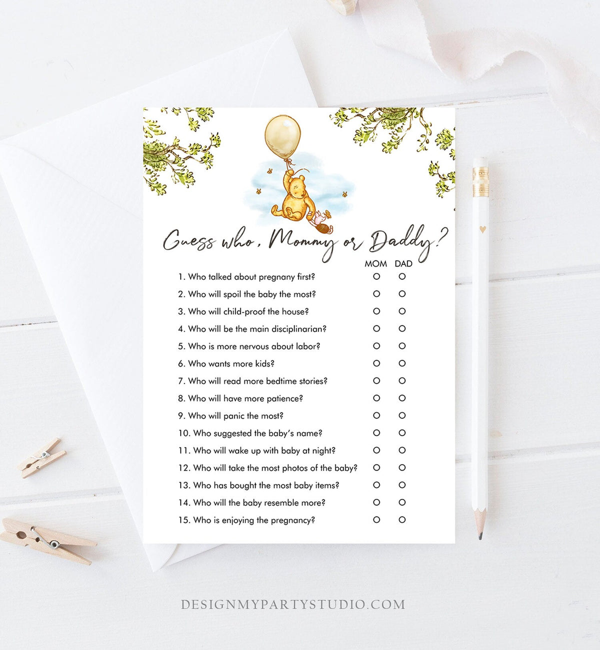 Editable Mommy or Daddy Baby Shower Game Guess Who Mom Dad Winnie The Pooh Baby Shower Gender Neutral Rustic Corjl Template Printable 0425