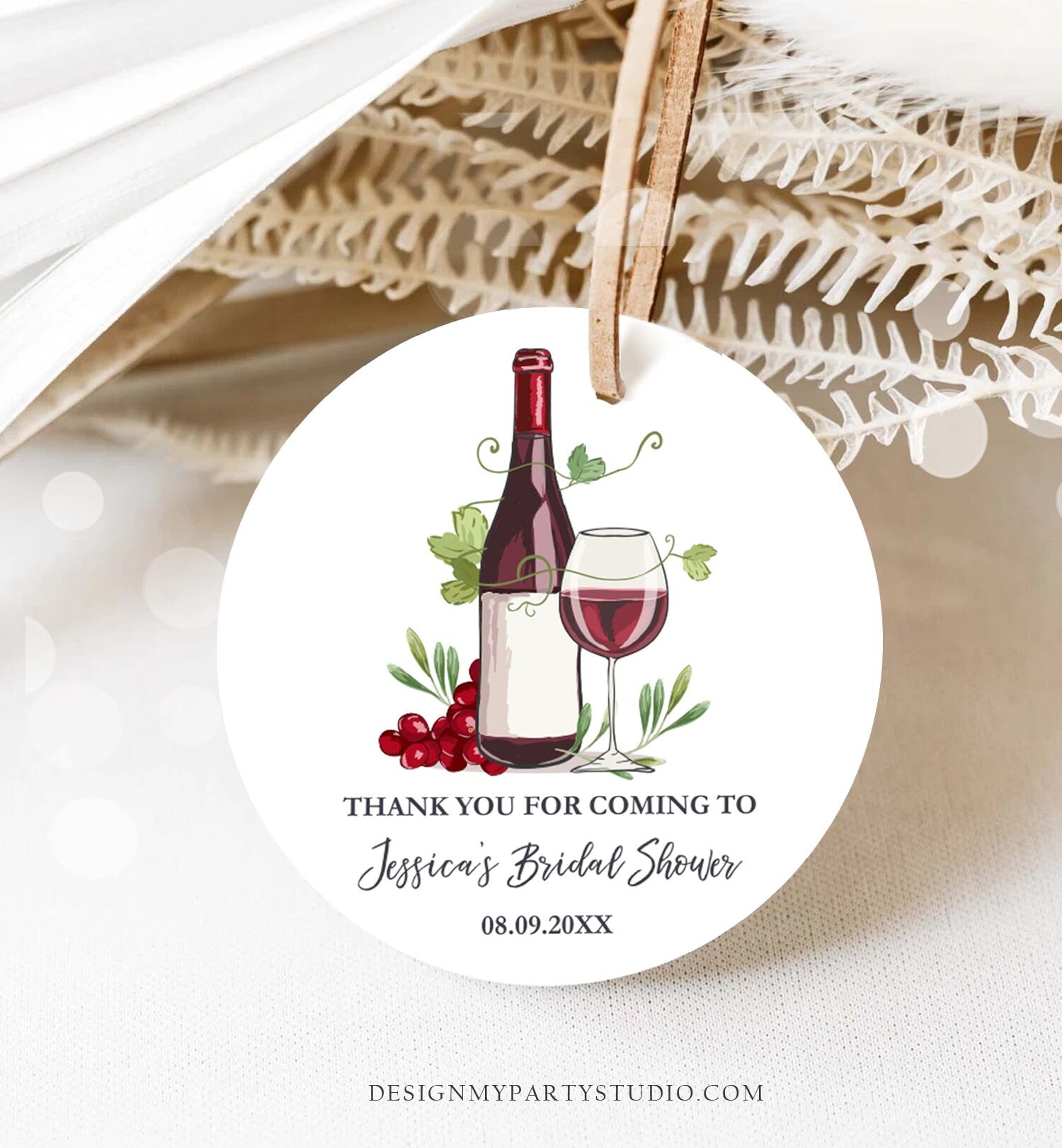 Editable Wine Bridal Shower Favor Tags Thank You Tags Mini Wine Bottle Round Square Wedding Sip Sip Hooray Rustic Corjl Template 0234