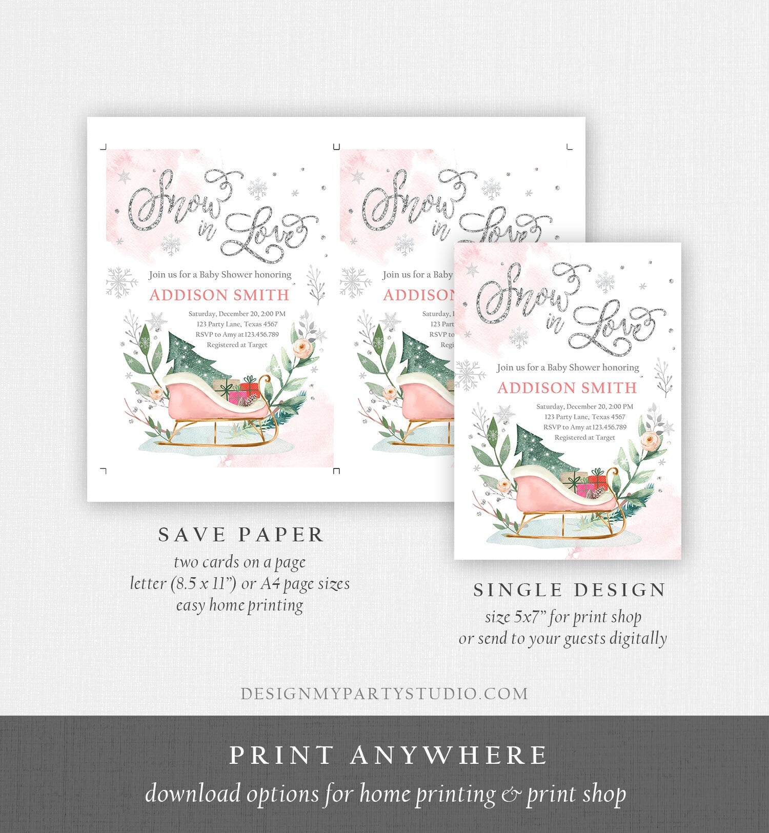 Editable Snow in Love Winter Baby Shower Invitation Baby It's Cold Outside Gender Neutral Pink Silver Template Instant Download Corjl 0353