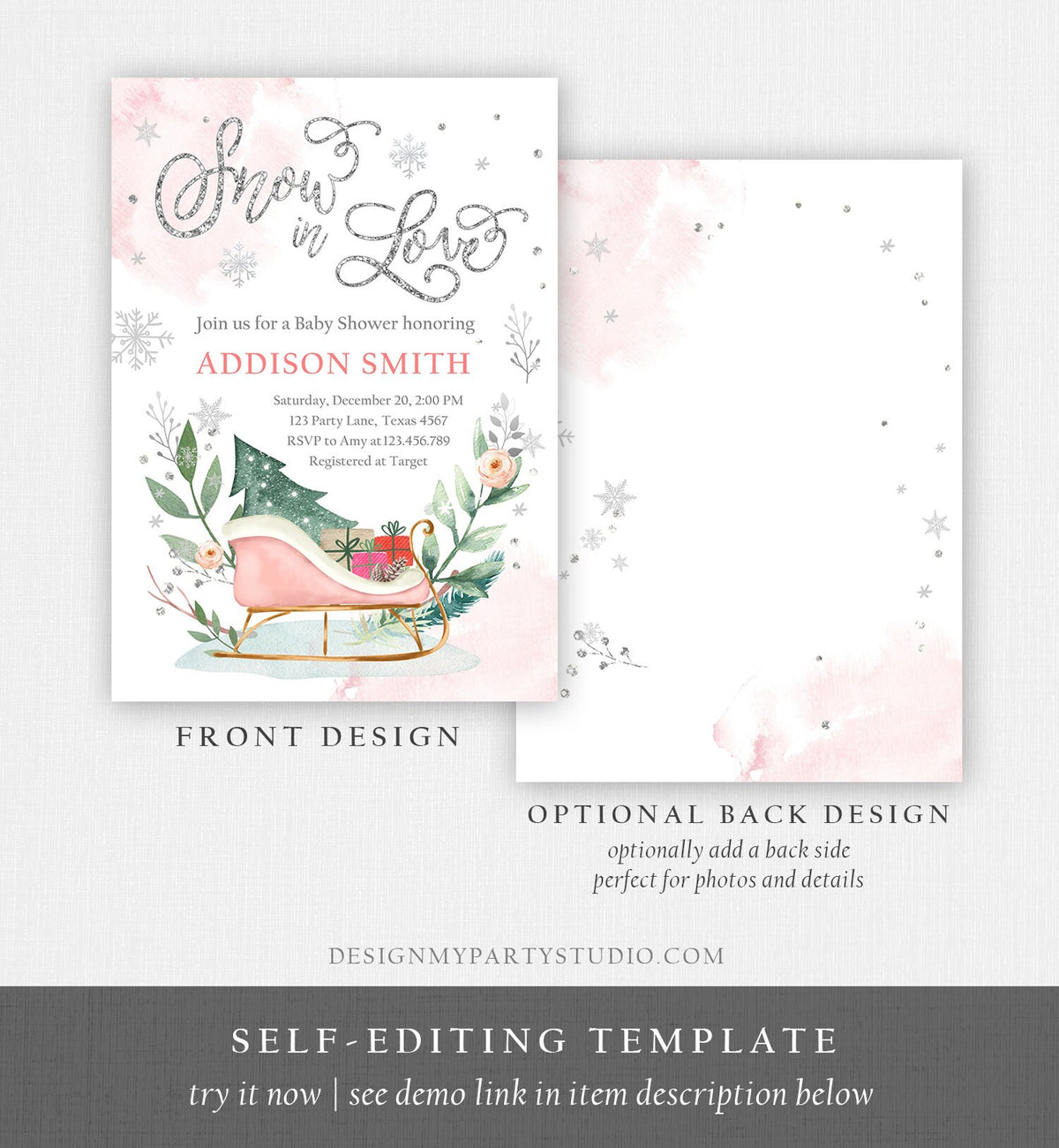 Editable Snow in Love Winter Baby Shower Invitation Baby It&#39;s Cold Outside Gender Neutral Pink Silver Template Instant Download Corjl 0353