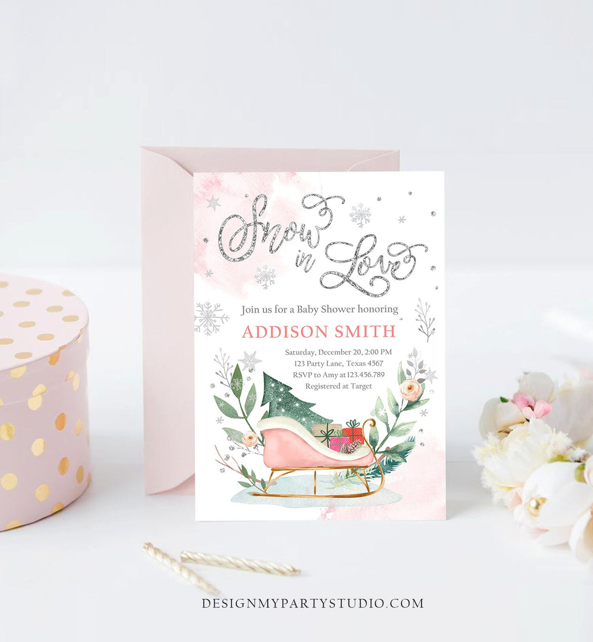 Editable Snow in Love Winter Baby Shower Invitation Baby It&#39;s Cold Outside Gender Neutral Pink Silver Template Instant Download Corjl 0353