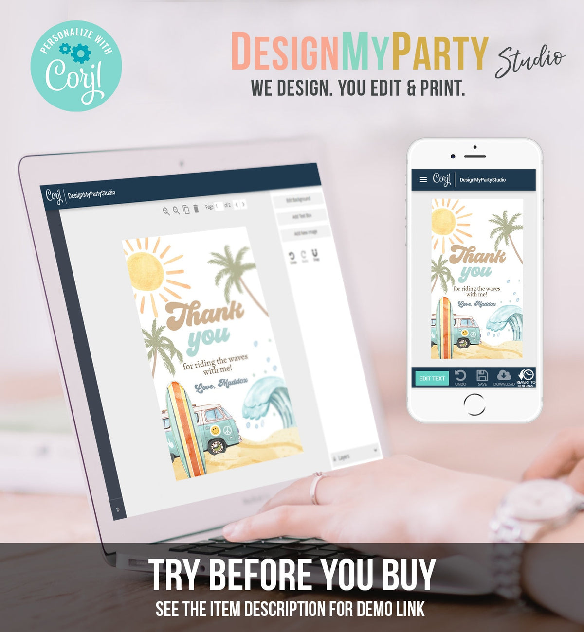 Editable Retro Surf Favor Tags 1st Birthday The Big One Thank you Tags Beach Party Surf Up Van Hippie Wave Template Corjl PRINTABLE 0433