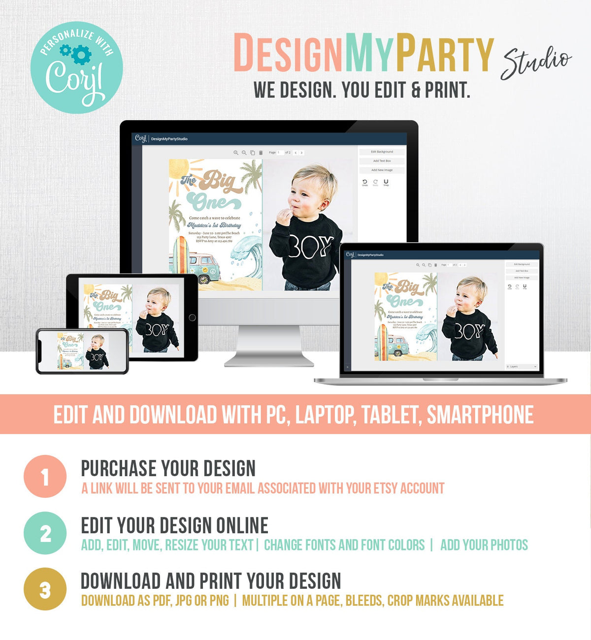 Editable The Big One Surf 1st Birthday Invitation Retro Surfboard Beach Party Wave Surfer Boho Invite Download Template Corjl Digital 0433