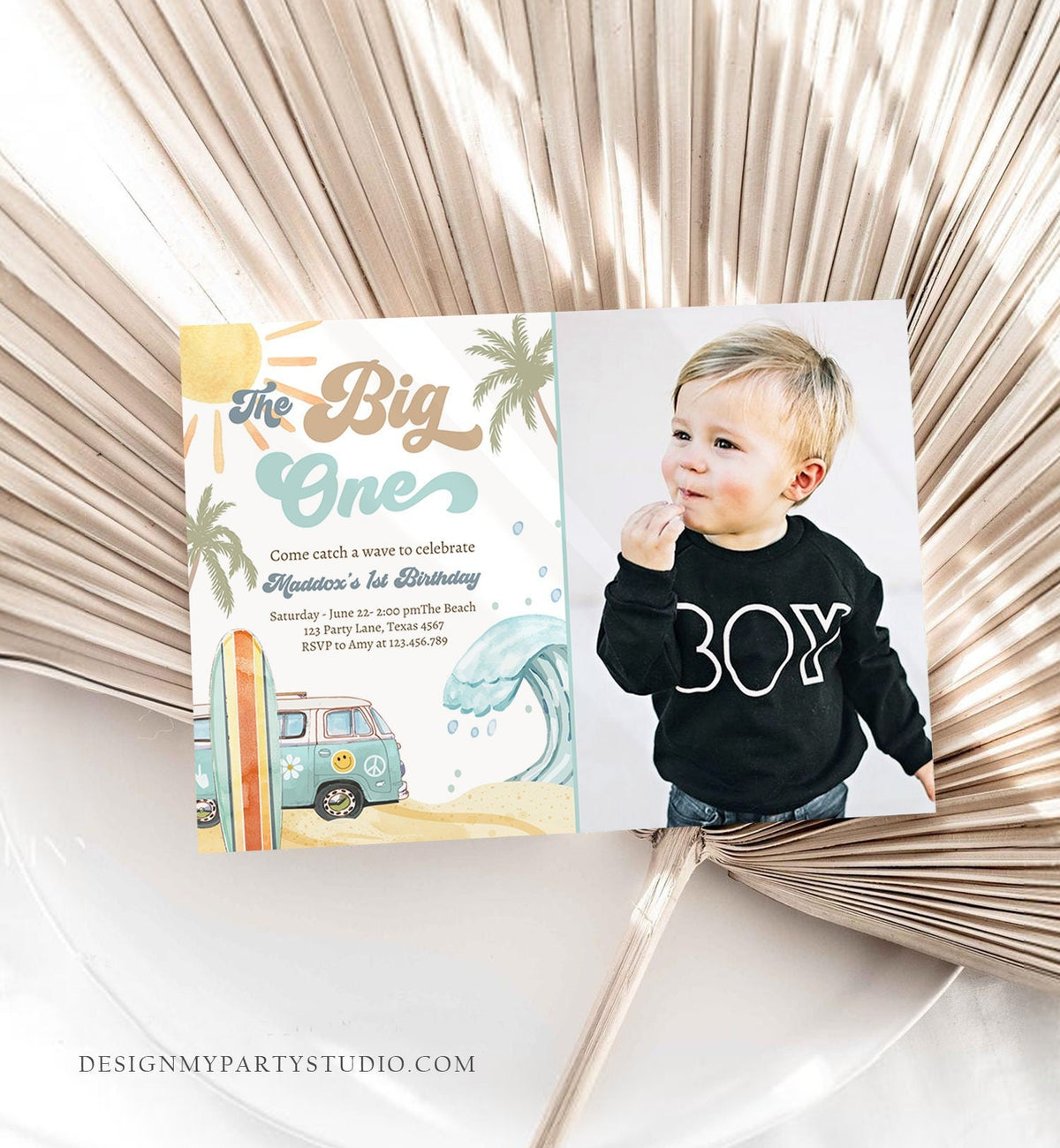 Editable The Big One Surf 1st Birthday Invitation Retro Surfboard Beach Party Wave Surfer Boho Invite Download Template Corjl Digital 0433