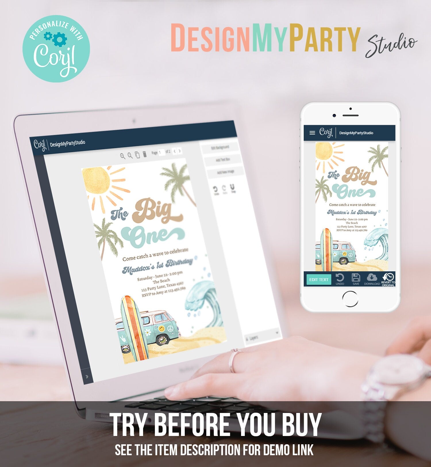 Editable The Big One Surf 1st Birthday Evite Retro Surfboard Beach Party Wave Surfer Boho Invite Phone Download Template Corjl Digital 0433