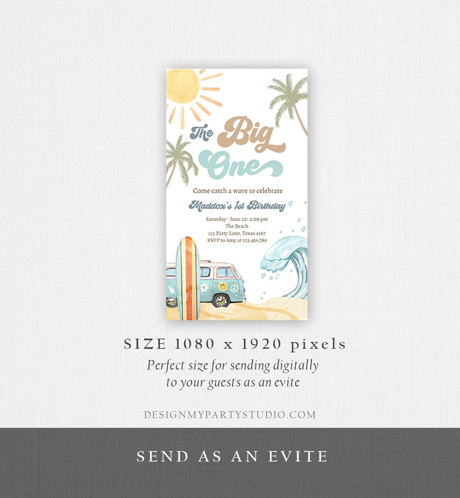 Editable The Big One Surf 1st Birthday Evite Retro Surfboard Beach Party Wave Surfer Boho Invite Phone Download Template Corjl Digital 0433
