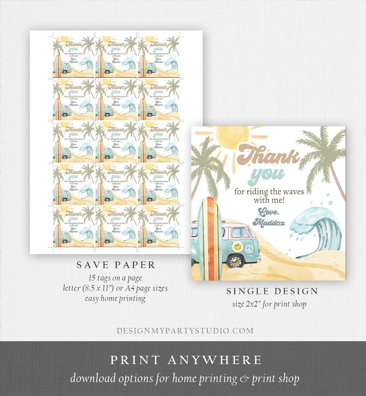 Editable Retro Surf Favor Tags 1st Birthday The Big One Thank you Stickers Beach Party Surf Up Van Hippie Wave Template Corjl PRINTABLE 0433