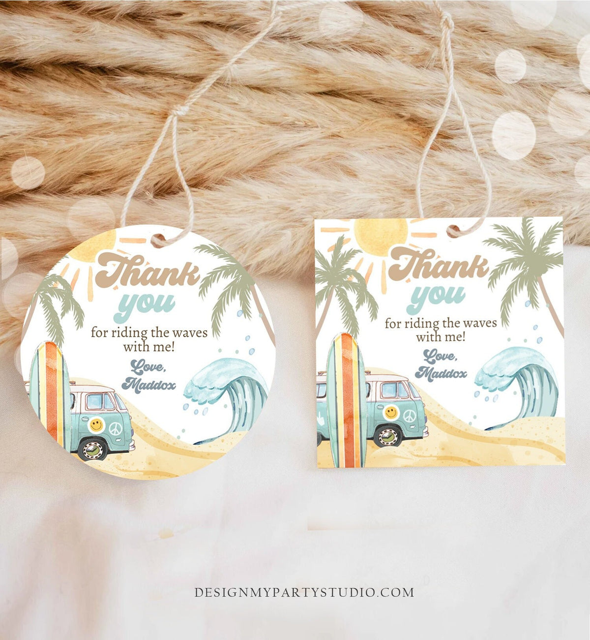 Editable Retro Surf Favor Tags 1st Birthday The Big One Thank you Stickers Beach Party Surf Up Van Hippie Wave Template Corjl PRINTABLE 0433