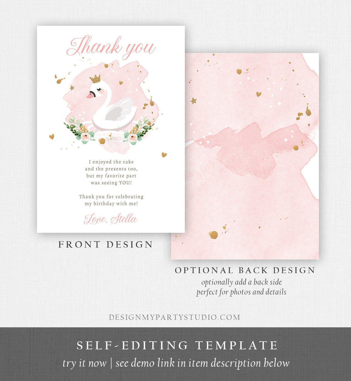 Editable Swan Thank You Card Birthday Party Pink Gold Watercolor Girl Princess 1st 2nd 3rd Baby Shower Digital Corjl Template Printable 0382