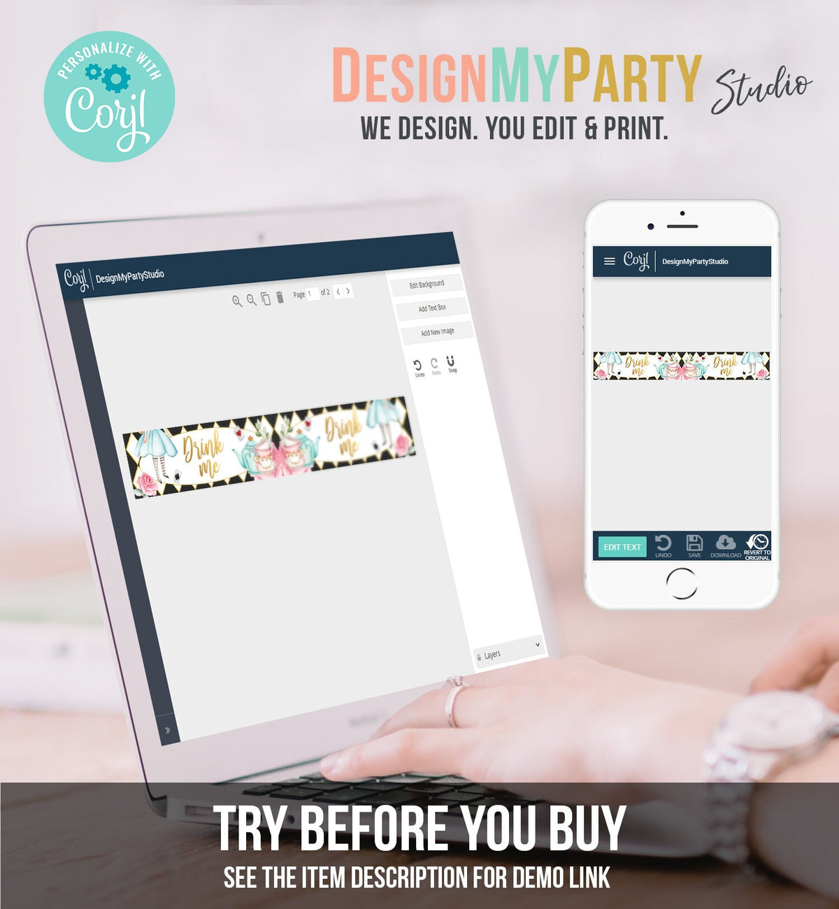 Editable Alice in Wonderland Straw Tag Drink Me Straw Flag Alice in Onederland Mad Tea Party Straw Label Black White Gold Girl Corjl 0350