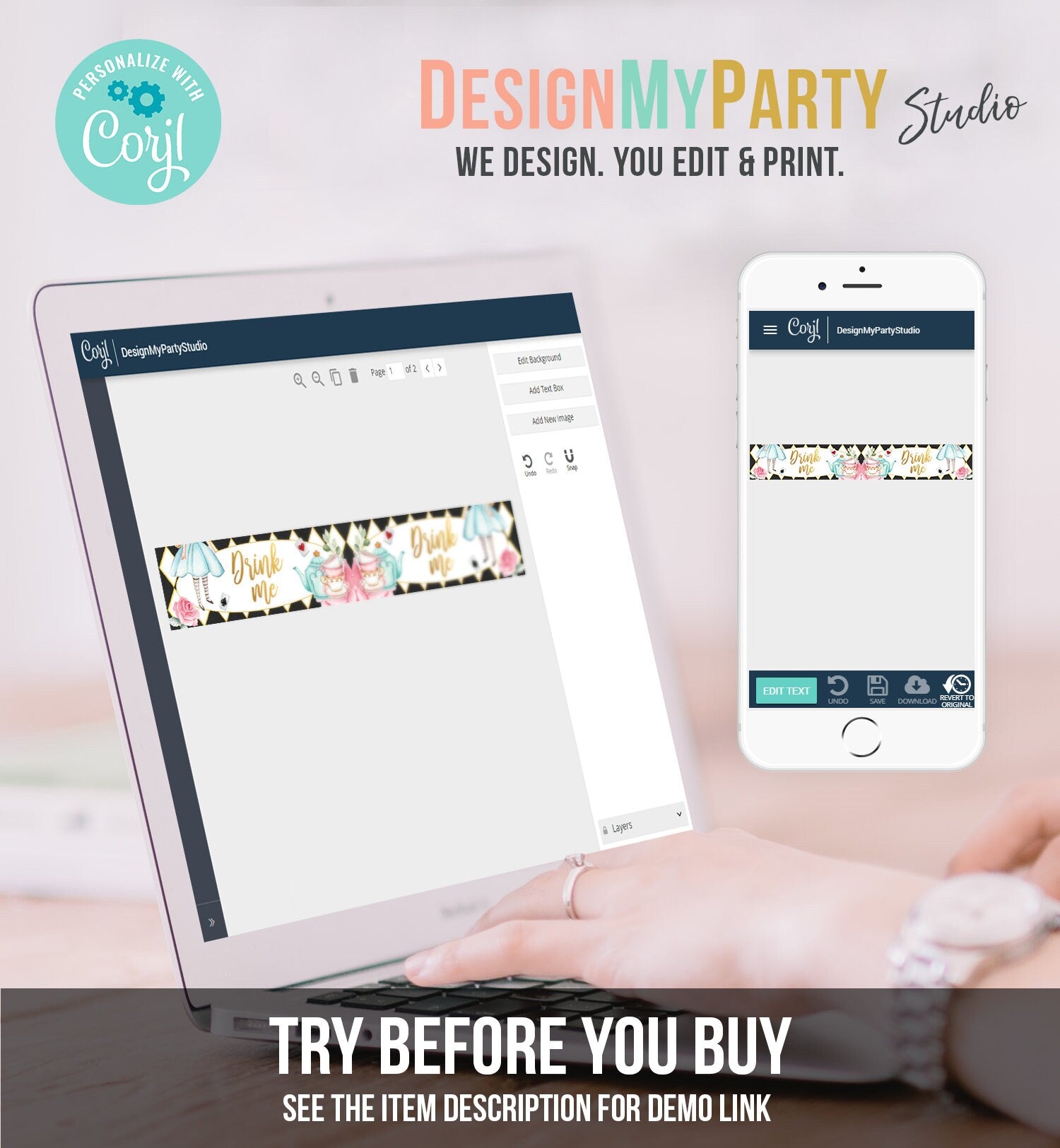 Editable Alice in Wonderland Straw Tag Drink Me Straw Flag Alice in Onederland Mad Tea Party Straw Label Black White Gold Girl Corjl 0350