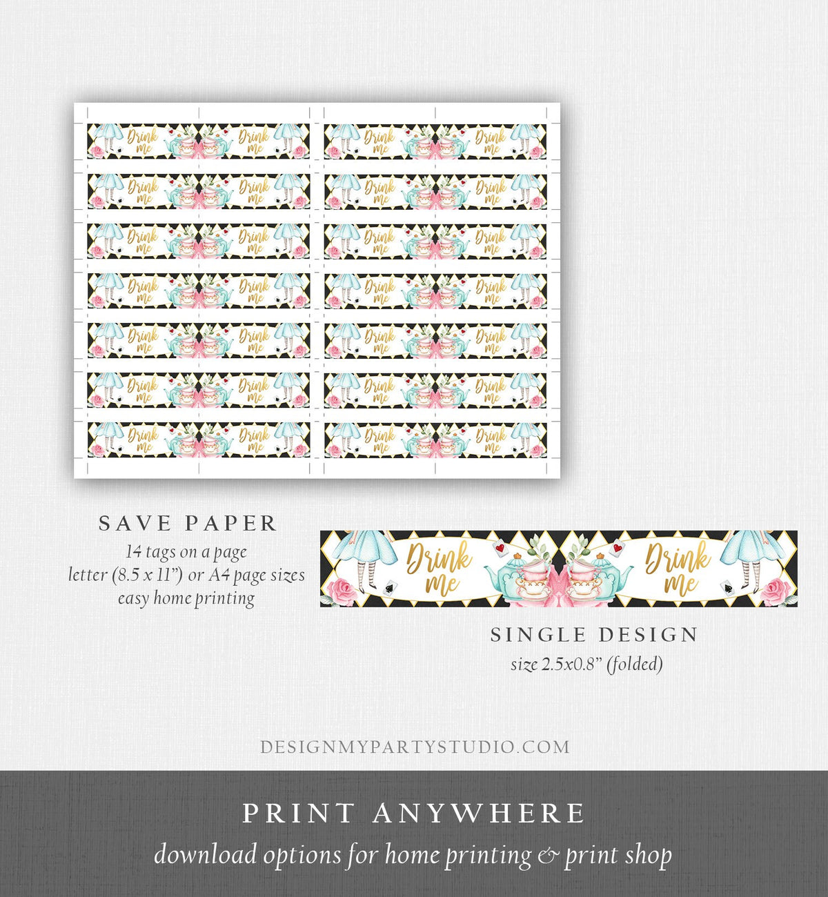 Editable Alice in Wonderland Straw Tag Drink Me Straw Flag Alice in Onederland Mad Tea Party Straw Label Black White Gold Girl Corjl 0350