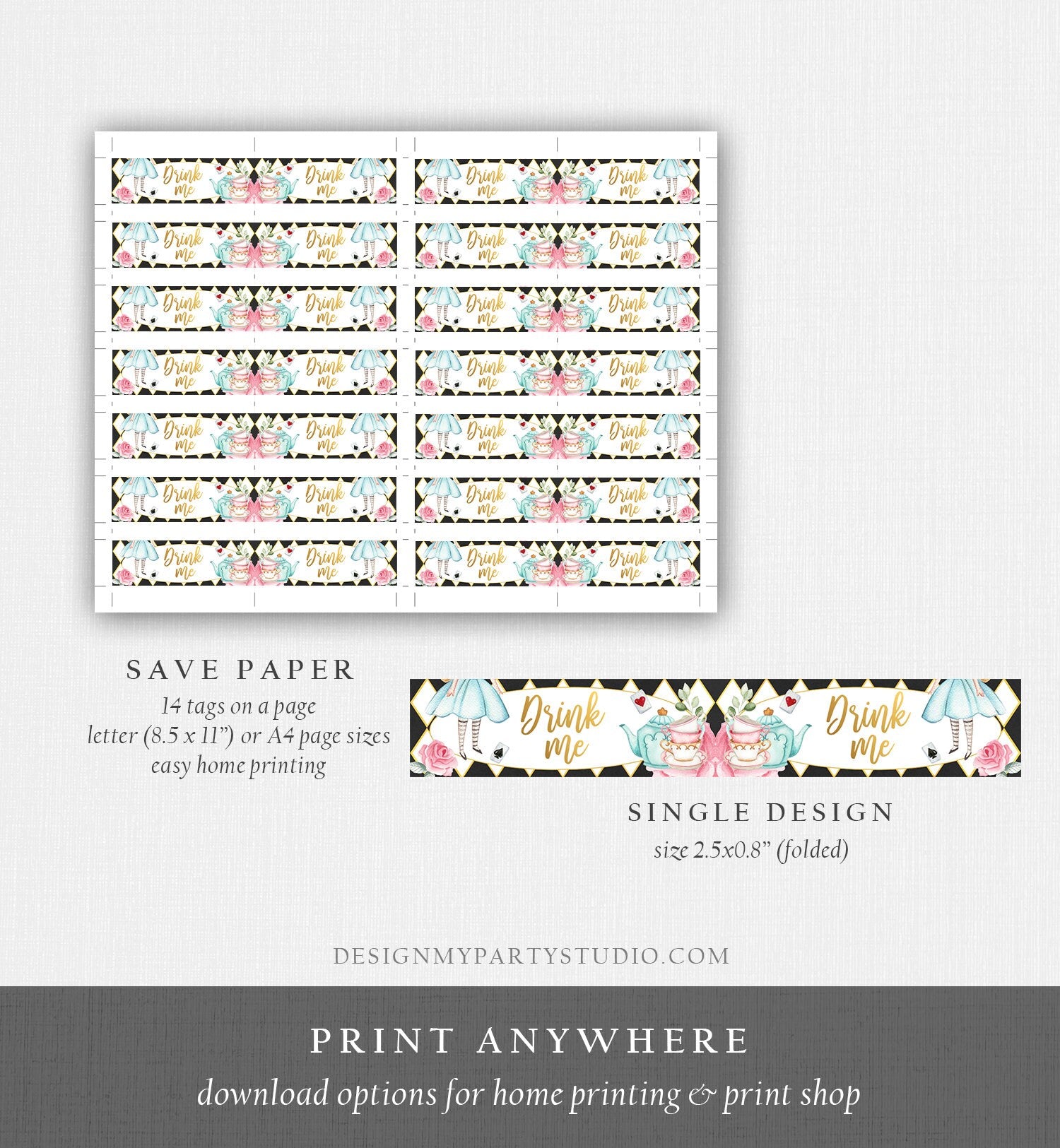 Editable Alice in Wonderland Straw Tag Drink Me Straw Flag Alice in Onederland Mad Tea Party Straw Label Black White Gold Girl Corjl 0350