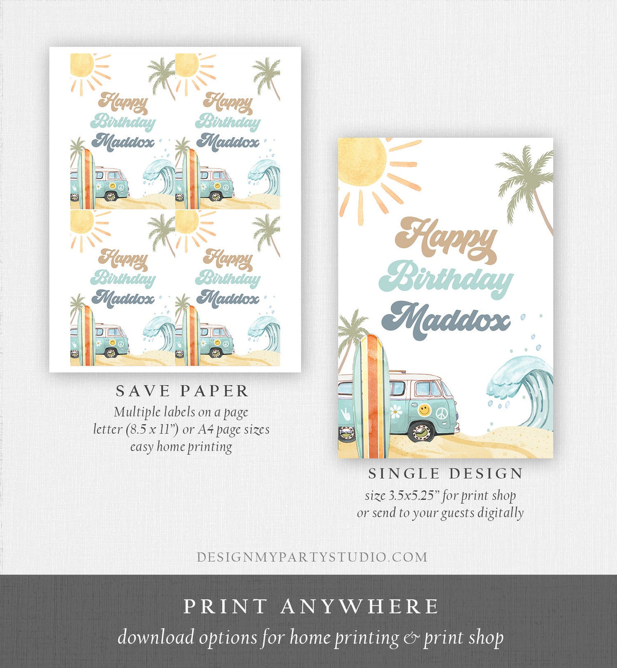 Editable Surf Birthday Capri Sun Labels Juice Pouch Labels Boy Retro The Big One Surfboard Van Download Corjl Template Printable 0433