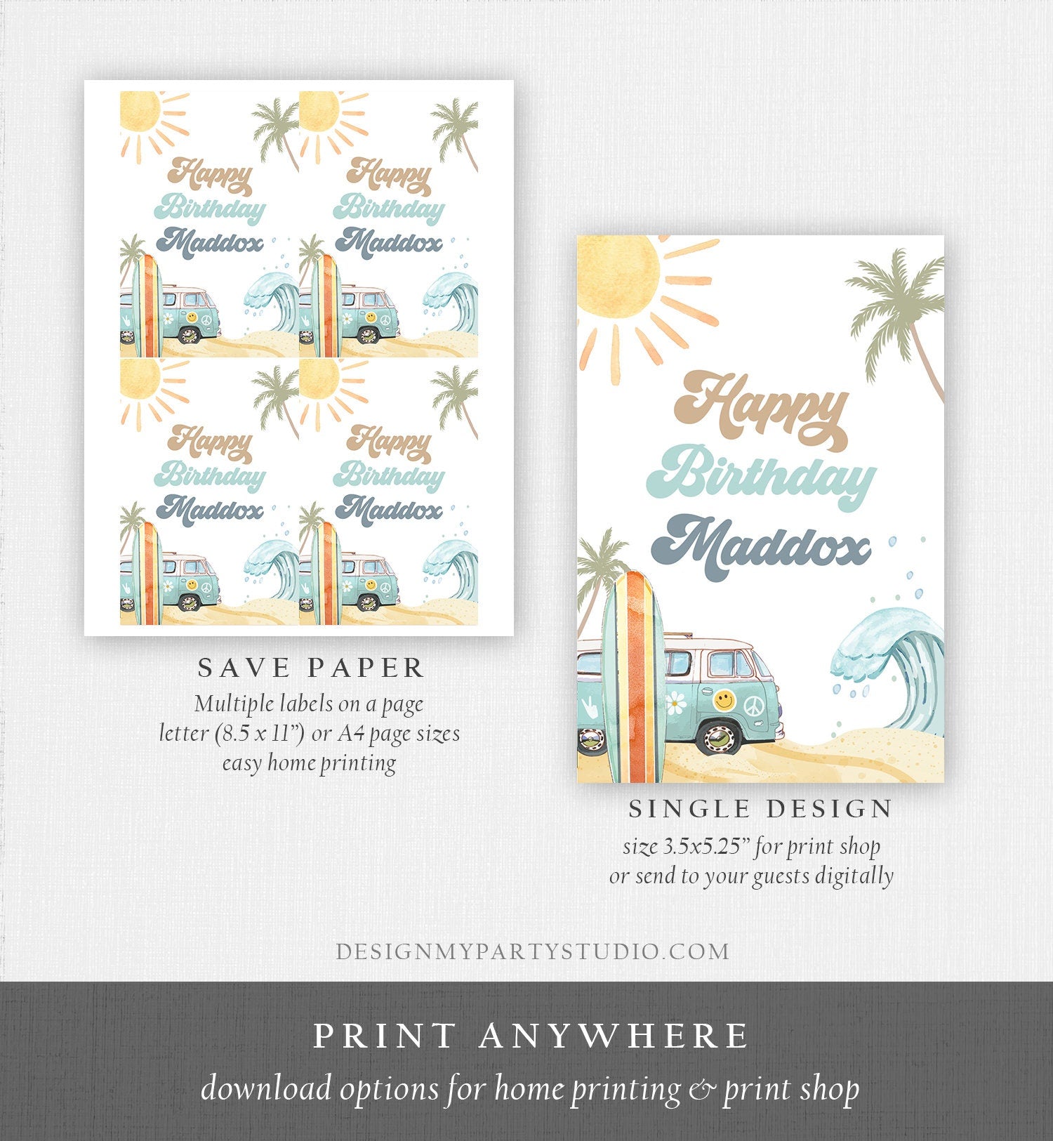 Editable Surf Birthday Capri Sun Labels Juice Pouch Labels Boy Retro The Big One Surfboard Van Download Corjl Template Printable 0433