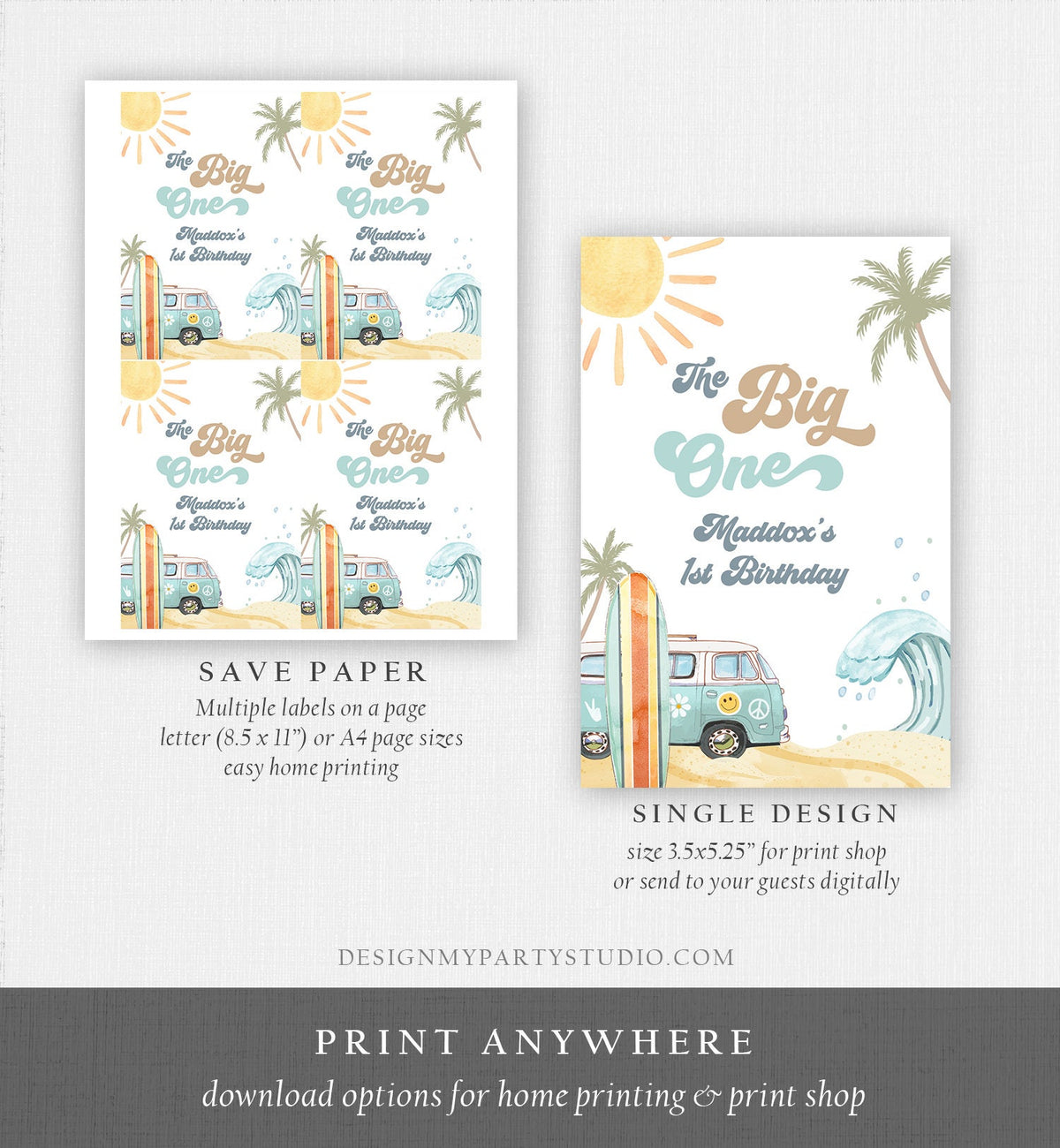 Editable Surf Birthday Capri Sun Labels Juice Pouch Labels Boy Retro The Big One Surfboard Van Download Corjl Template Printable 0433