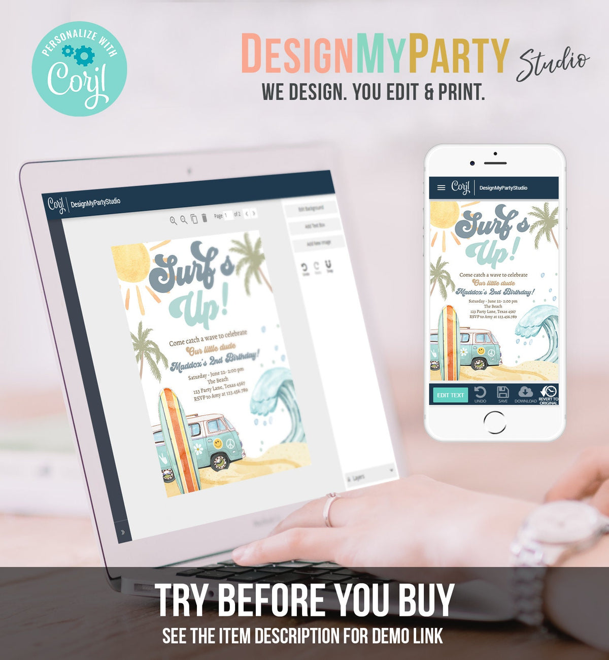 Editable Surf's Up Birthday Party Invitation Retro Surfboard Beach Party Wave Surfer The Big One Invite Download Template Corjl Digital 0433