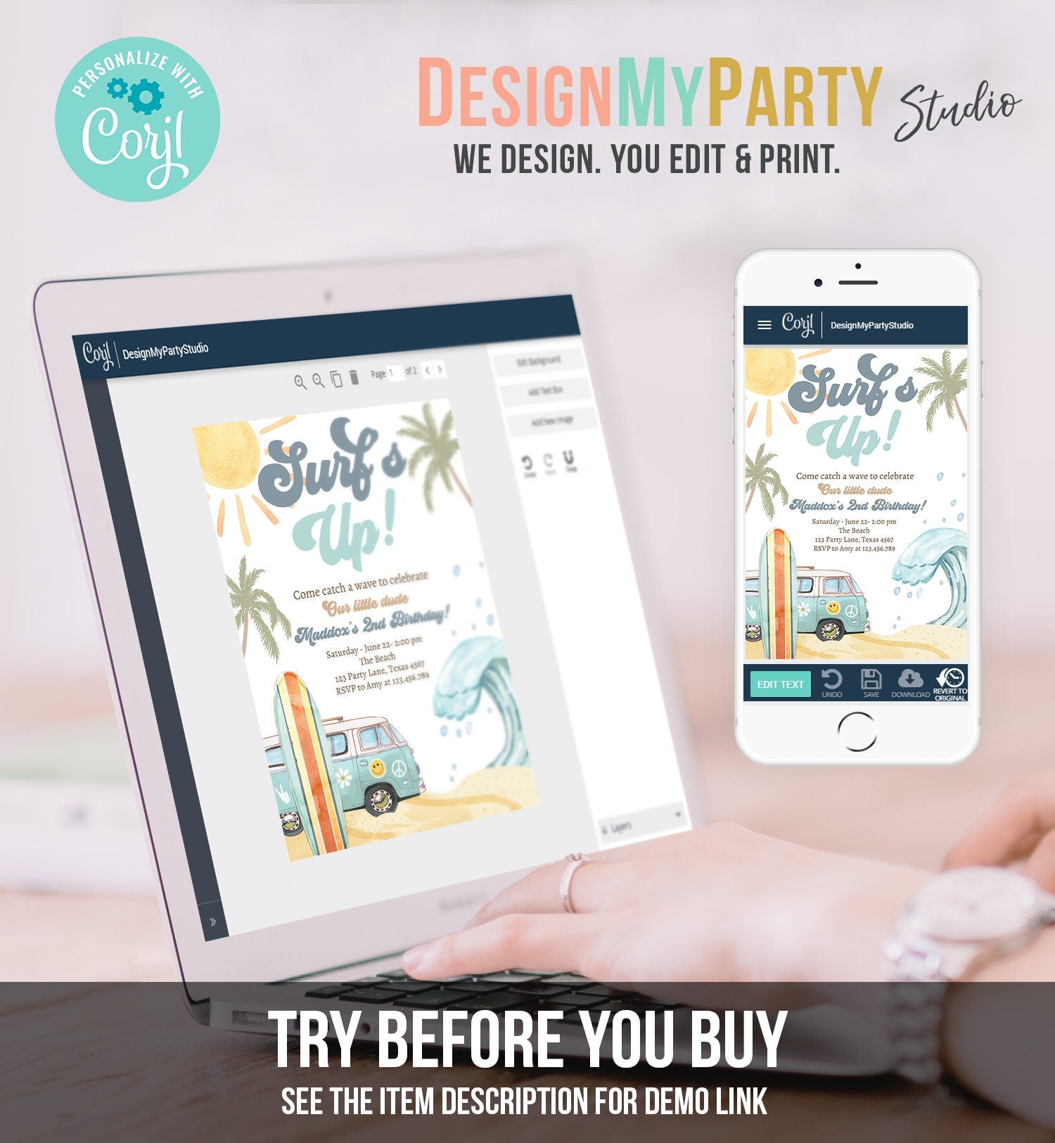 Editable Surf's Up Birthday Party Invitation Retro Surfboard Beach Party Wave Surfer The Big One Invite Download Template Corjl Digital 0433
