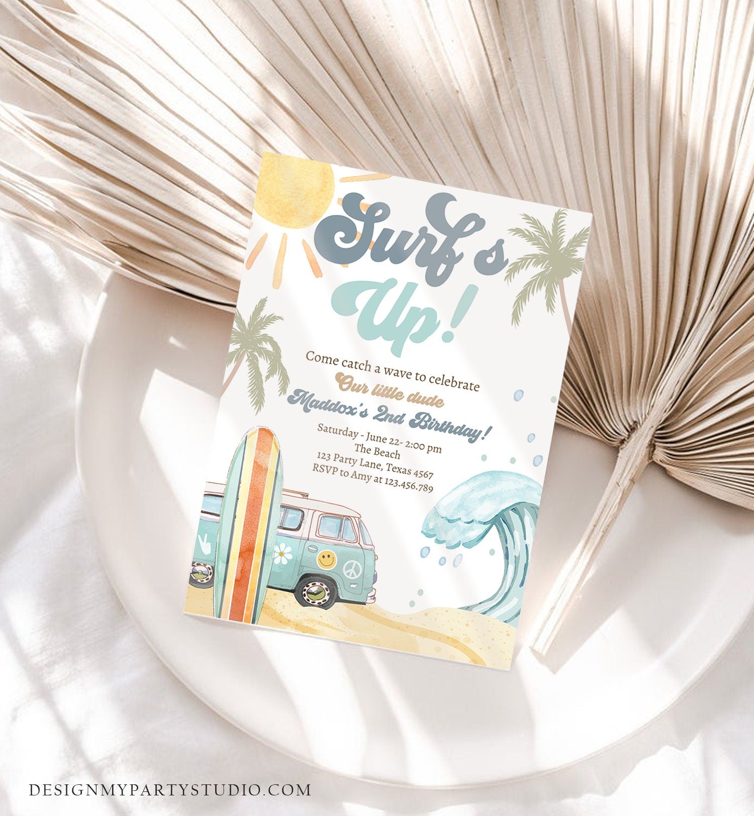 Editable Surf's Up Birthday Party Invitation Retro Surfboard Beach Party Wave Surfer The Big One Invite Download Template Corjl Digital 0433
