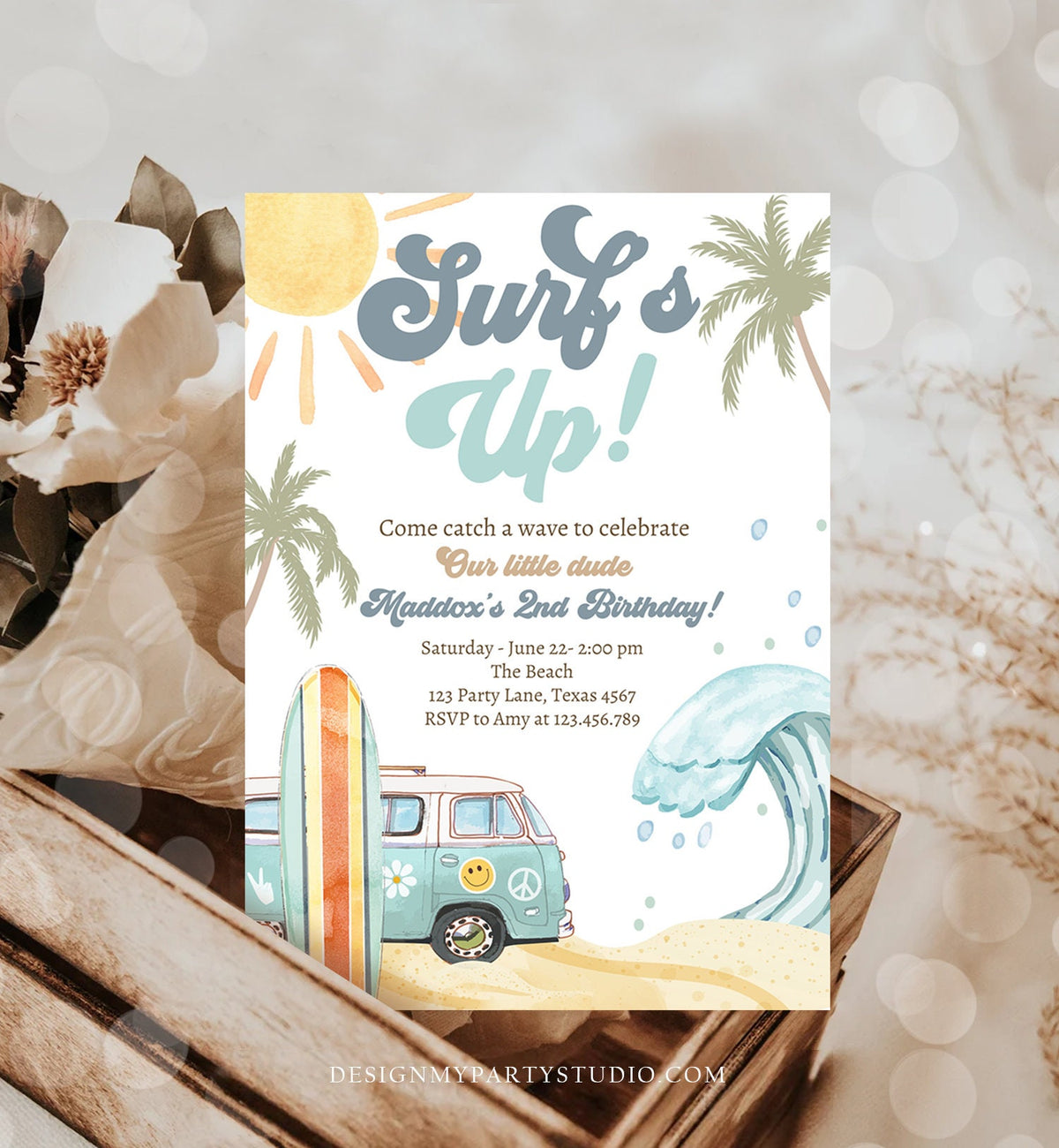 Editable Surf's Up Birthday Party Invitation Retro Surfboard Beach Party Wave Surfer The Big One Invite Download Template Corjl Digital 0433