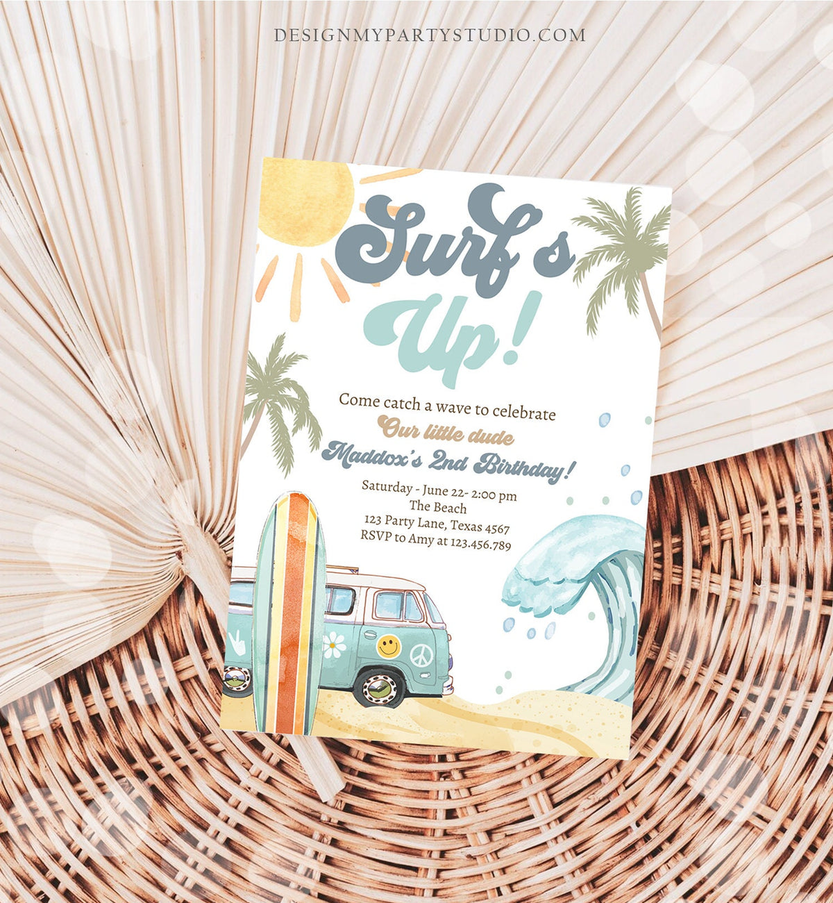 Editable Surf's Up Birthday Party Invitation Retro Surfboard Beach Party Wave Surfer The Big One Invite Download Template Corjl Digital 0433