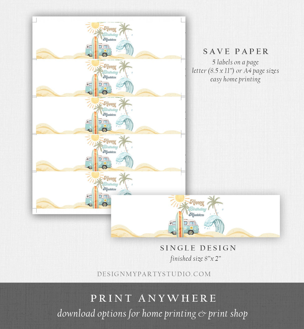 Editable Surf Water Bottle Labels The Big One Party Decor Surf 1st Birthday Retro Boy Surfboard Labels Instant Printable Template Corjl 0433