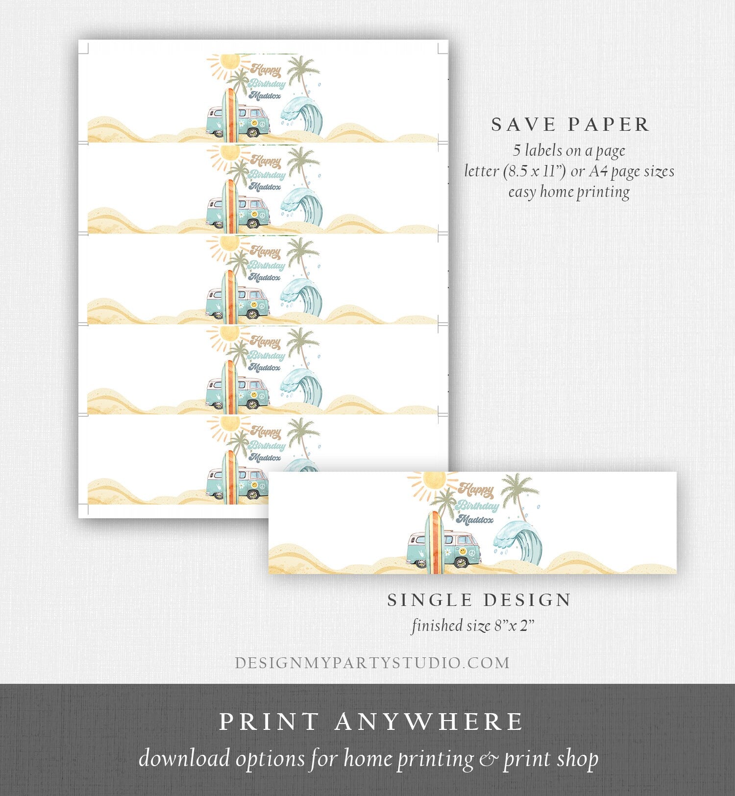 Editable Surf Water Bottle Labels The Big One Party Decor Surf 1st Birthday Retro Boy Surfboard Labels Instant Printable Template Corjl 0433