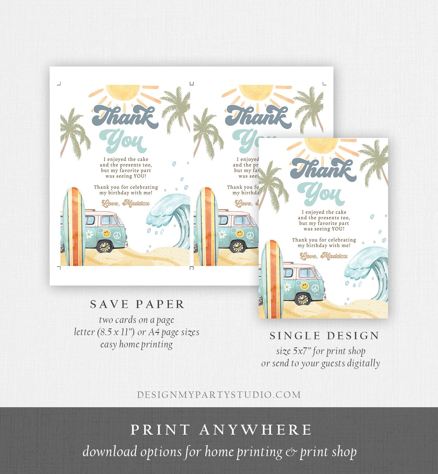 Editable Surf Thank You Card Surfboard 1st Birthday Thank Your Note Retro Boy Beach Party Wave Surfer Download Template Corjl Digital 0433