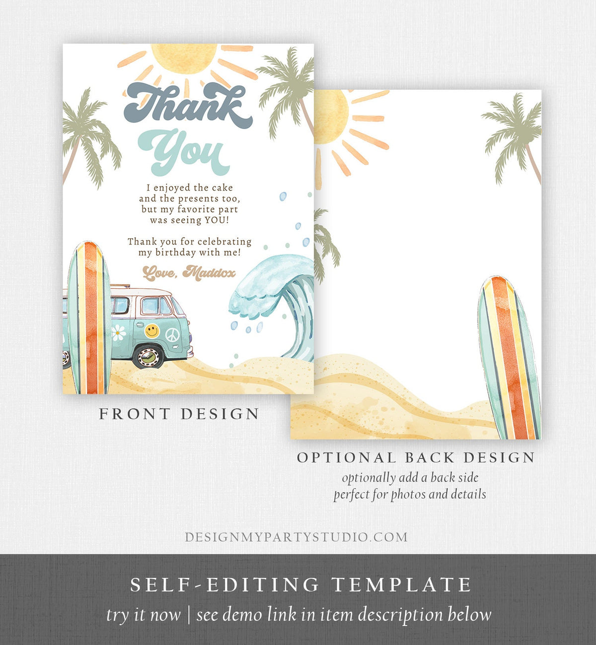 Editable Surf Thank You Card Surfboard 1st Birthday Thank Your Note Retro Boy Beach Party Wave Surfer Download Template Corjl Digital 0433