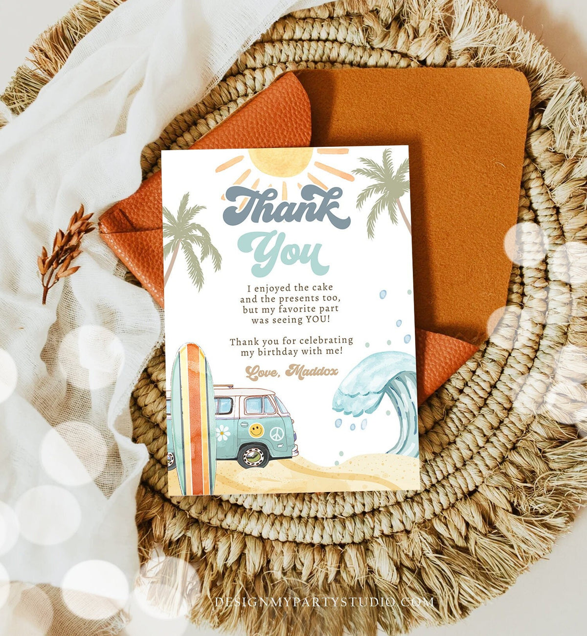 Editable Surf Thank You Card Surfboard 1st Birthday Thank Your Note Retro Boy Beach Party Wave Surfer Download Template Corjl Digital 0433