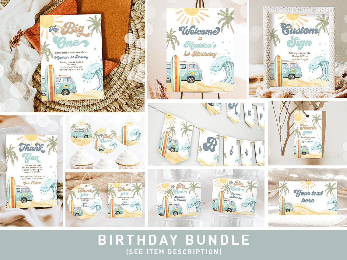 The Big One Surf 1st Birthday Invitation Bundle 1st Surf Birthday Invite Kit Surfboard Beach Party Package Printable Corjl Template 0433