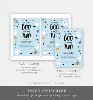 Editable Halloween 2nd Birthday Invitation Boy Ghost Costume Party Blue Boo Spooktacular Spooky Two Download Printable Template Corjl 0418