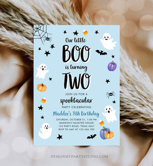 Editable Halloween 2nd Birthday Invitation Boy Ghost Costume Party Blue Boo Spooktacular Spooky Two Download Printable Template Corjl 0418