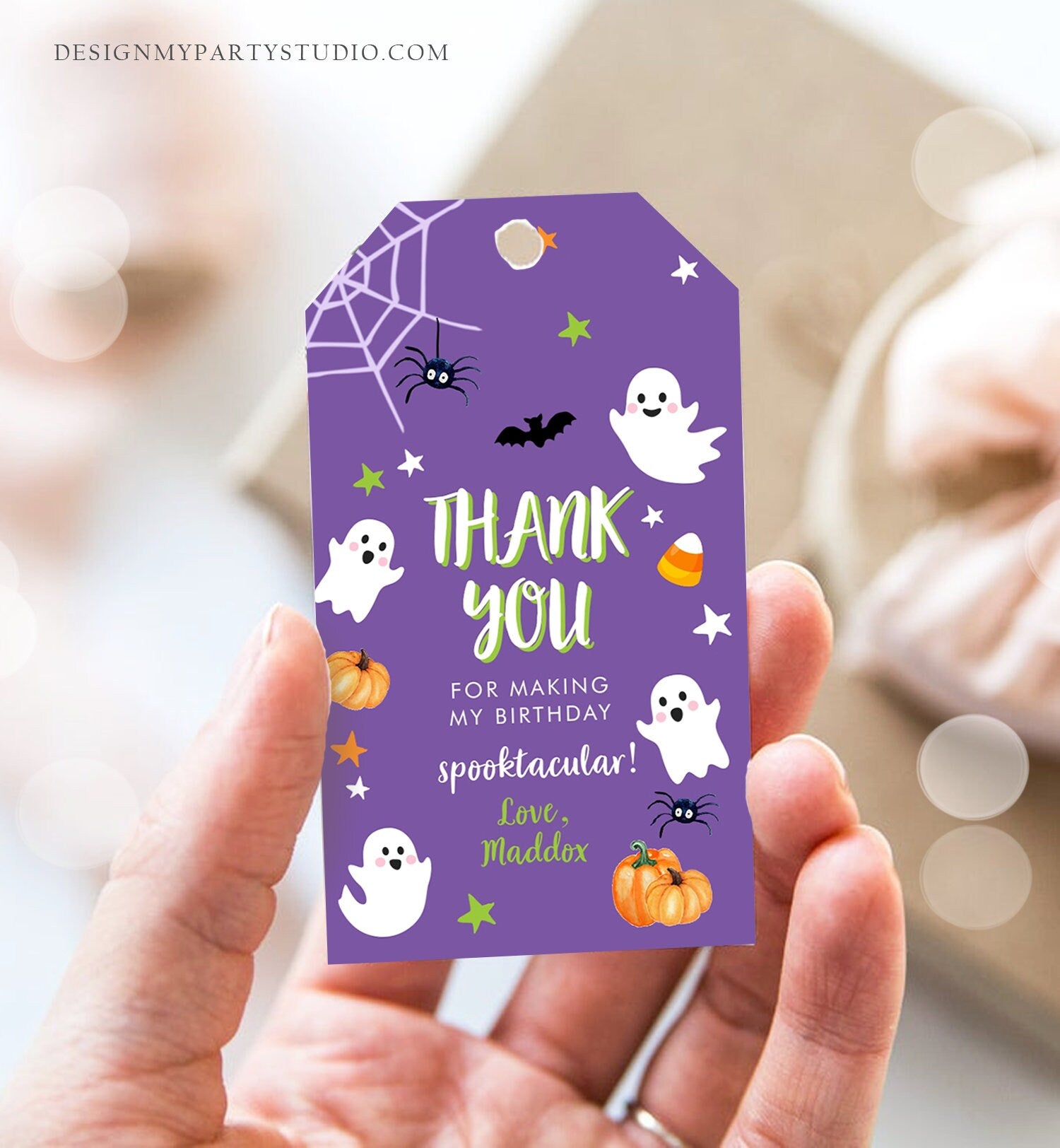 Editable Halloween Birthday Thank You Favor Tags Costume Party Purple Green Spooktacular Ghost Party Download Printable Template Corjl 0418