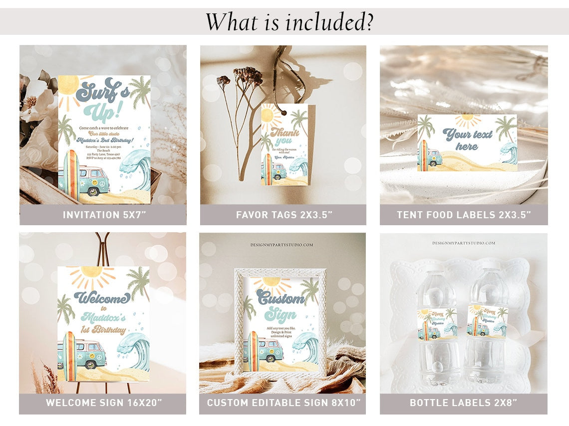 Surf's Up Birthday Invitation Bundle Surf Birthday Invite Pack Boy Surfboard Beach Party Package Kit Big One Printable Corjl Template 0433