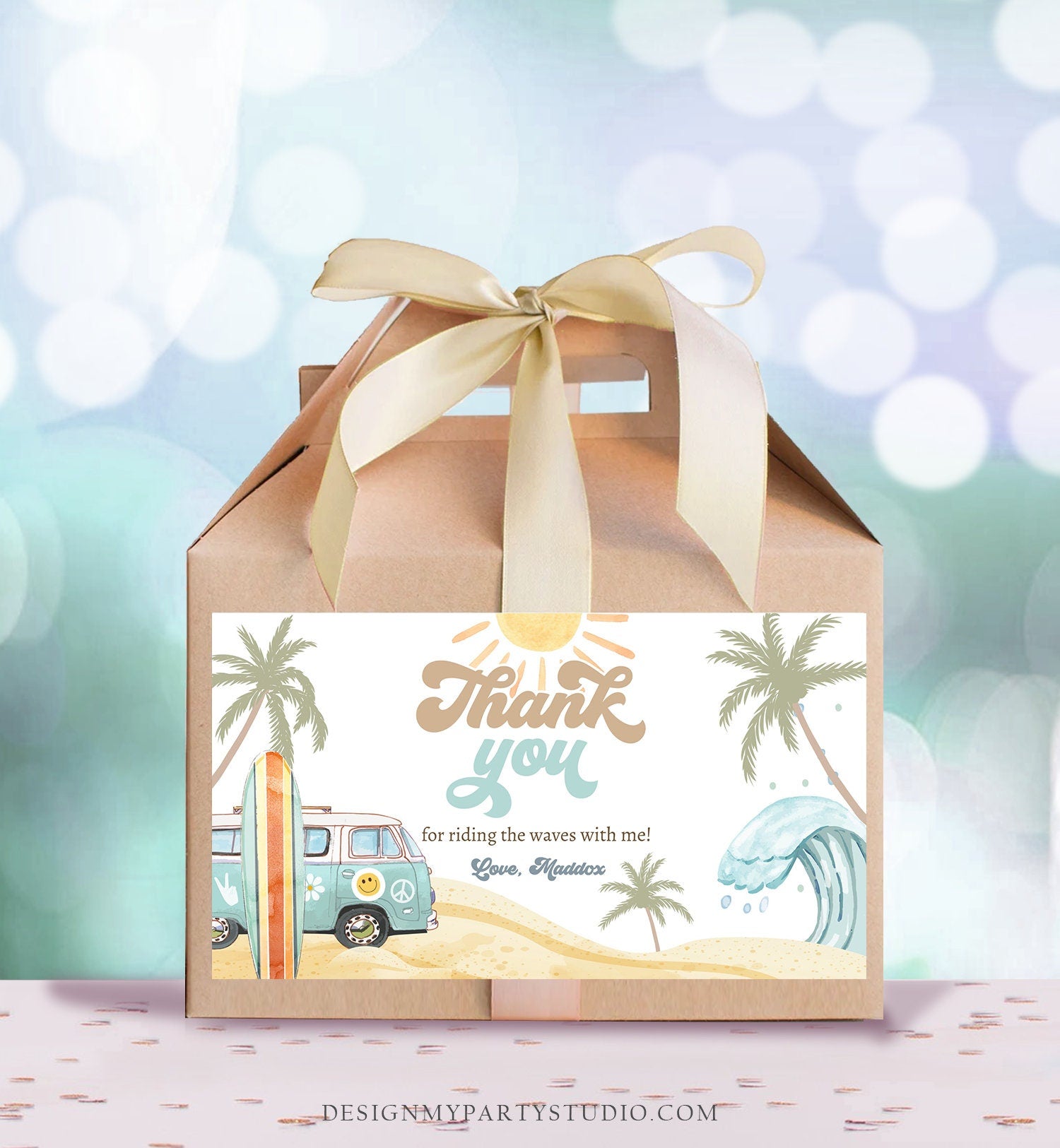 Editable Surf Gable Box Favor Label Surf Birthday Favor Box Label Boy The Big One Retro Surfboard 1st Digital Download Printable Corjl 0433