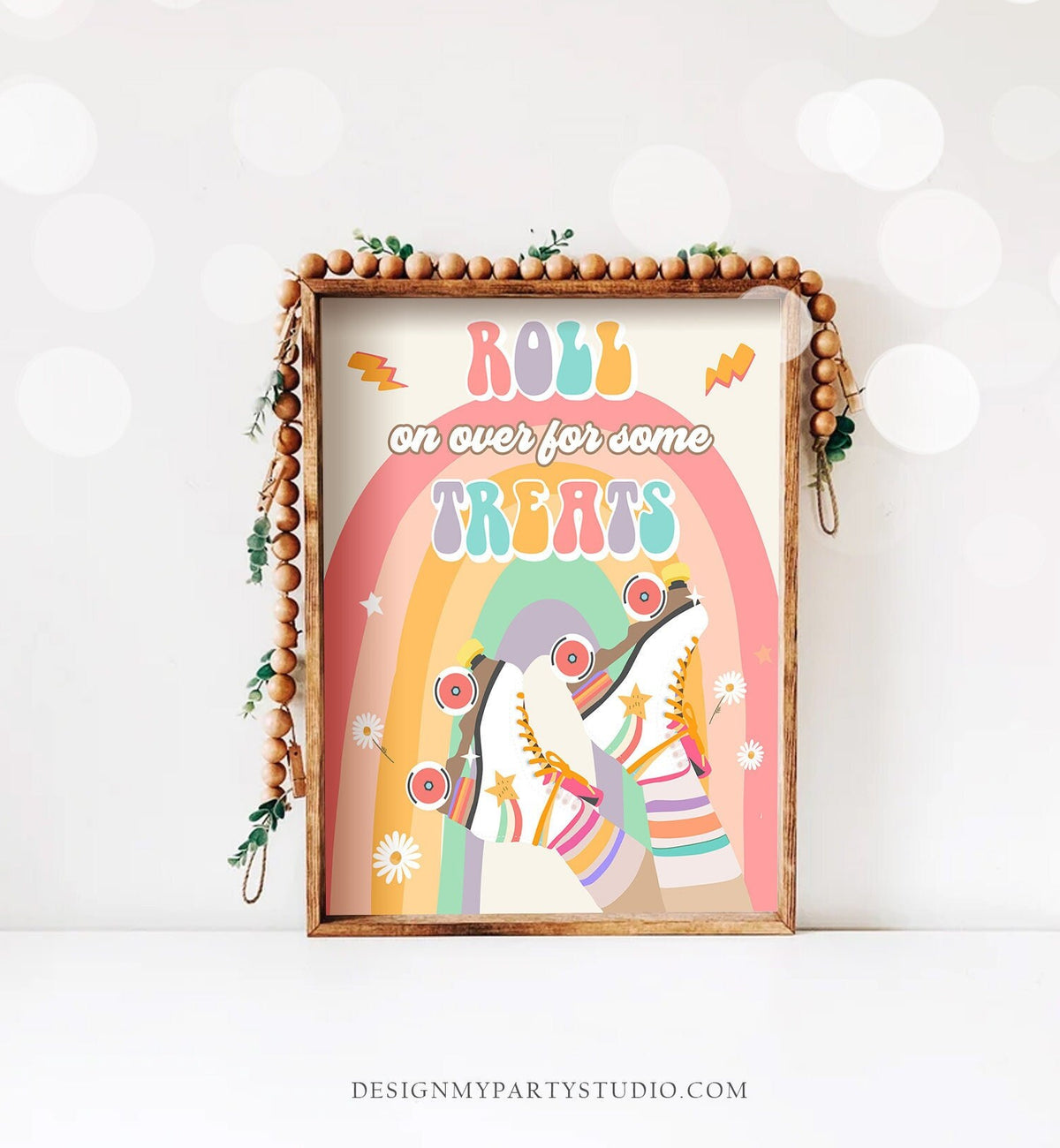 Retro Roller Skate Birthday Party Sign Treats Sign Let&#39;s Roll Rollerskate Party Skating Roller Rink Decor Rainbow Download PRINTABLE 0435