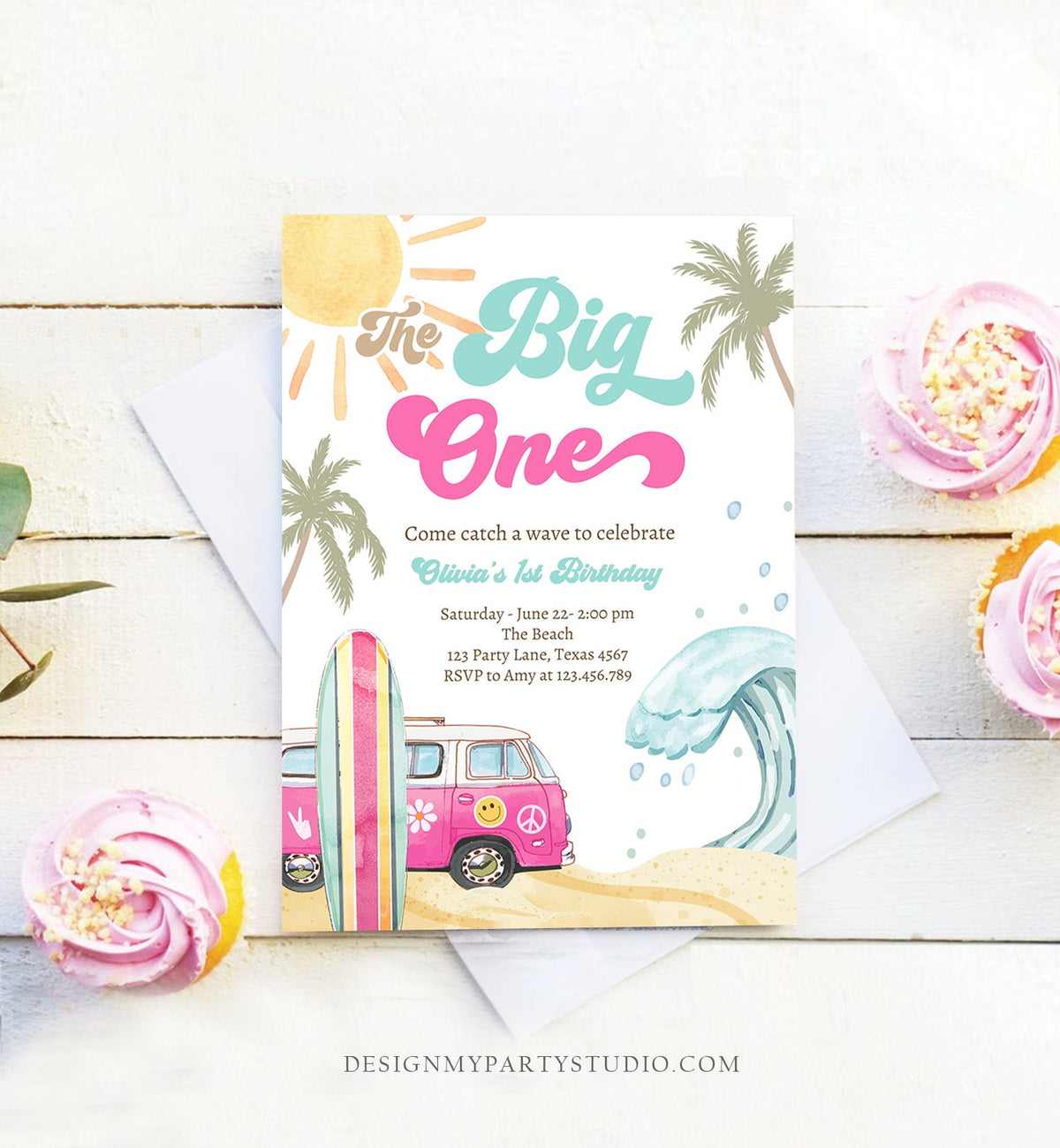 Editable The Big One Surf 1st Birthday Invite Girl Retro Surfboard Beach Party Wave Surfer Boho Invite Download Template Corjl Digital 0433