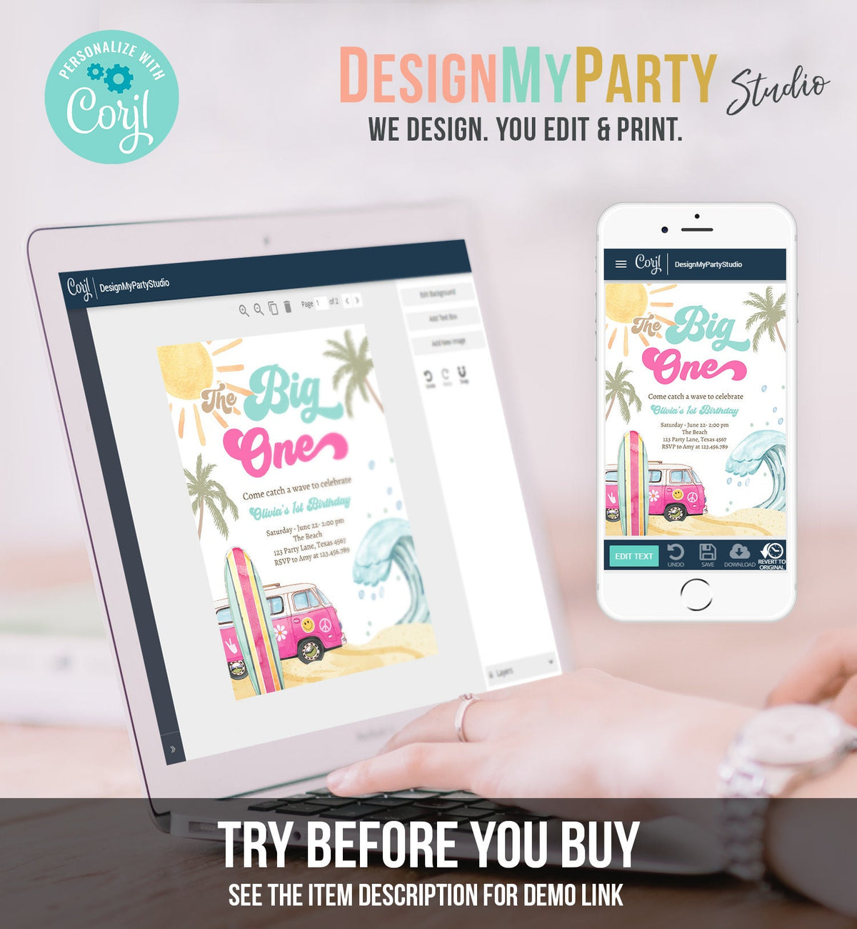 Editable The Big One Surf 1st Birthday Invite Girl Retro Surfboard Beach Party Wave Surfer Boho Invite Download Template Corjl Digital 0433