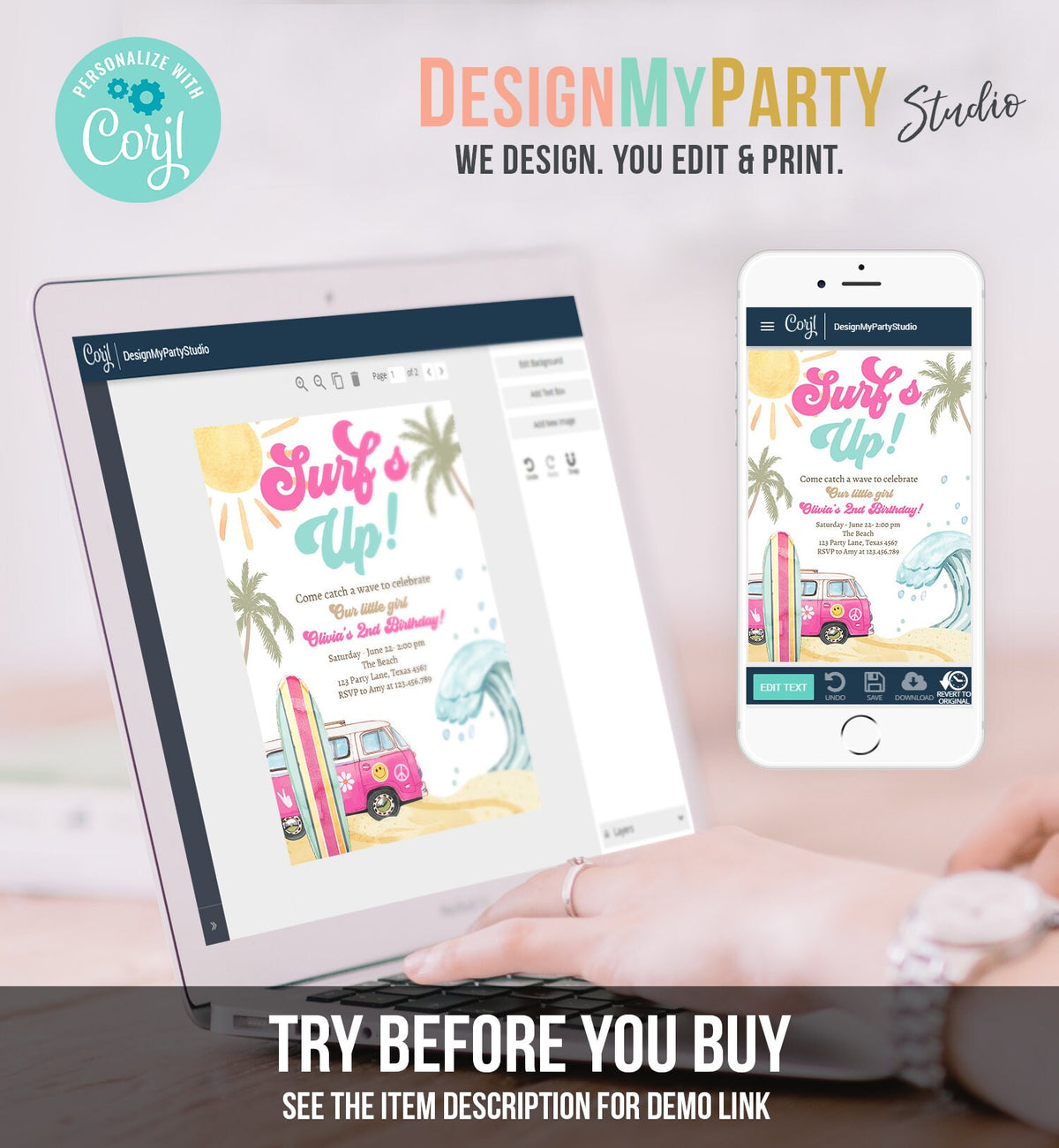 Editable Surf's Up Birthday Party Invitation Retro Surfboard Beach Party Wave Surfer The Big One Invite Download Template Corjl Digital 0433