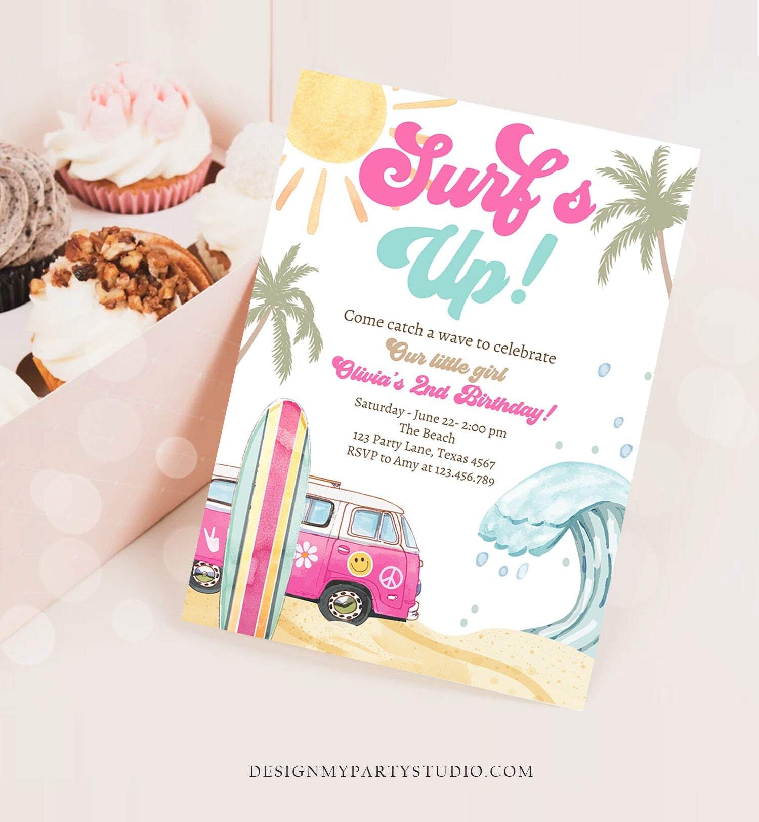 Editable Surf's Up Birthday Party Invitation Retro Surfboard Beach Party Wave Surfer The Big One Invite Download Template Corjl Digital 0433