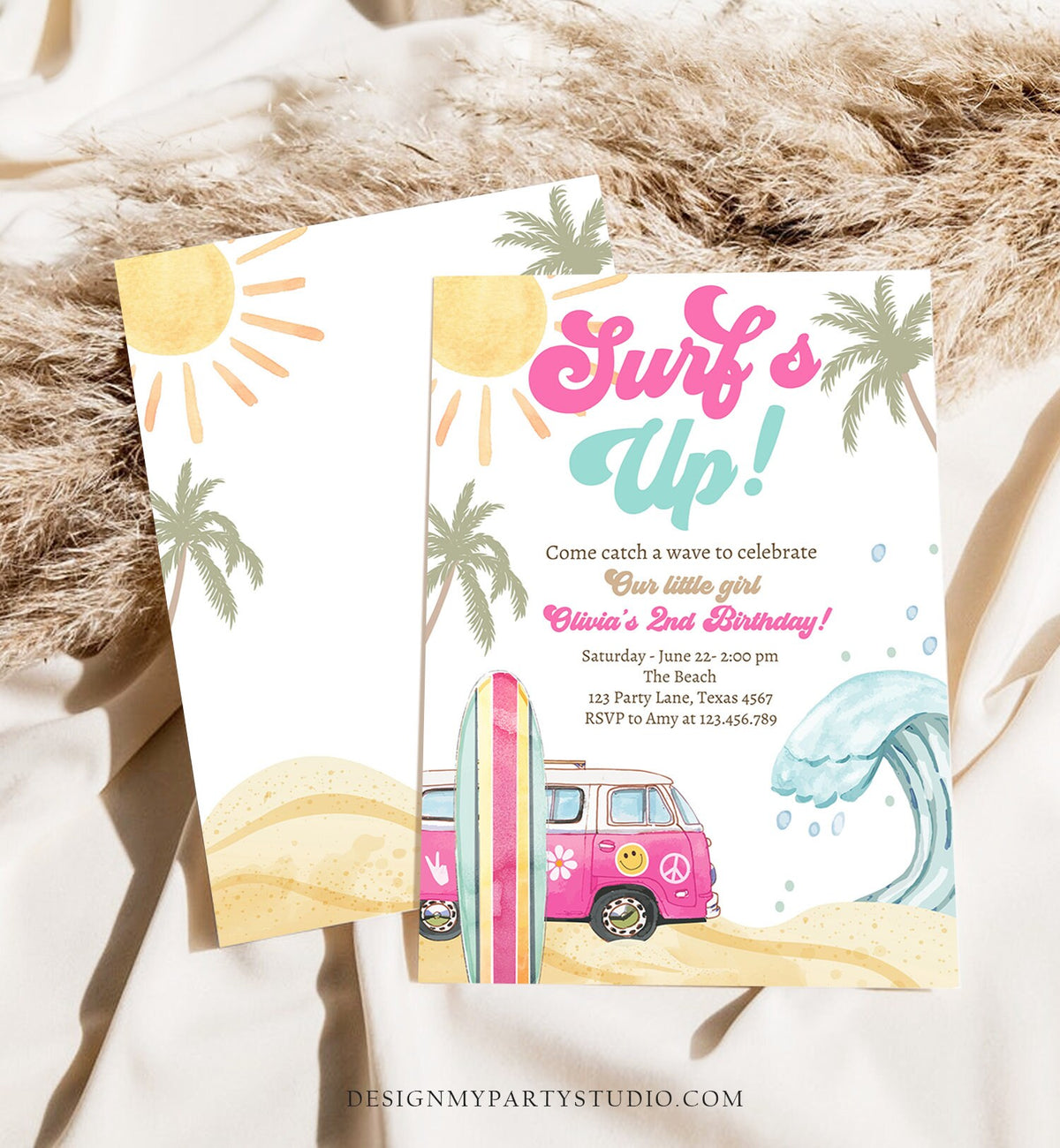 Editable Surf's Up Birthday Party Invitation Retro Surfboard Beach Party Wave Surfer The Big One Invite Download Template Corjl Digital 0433